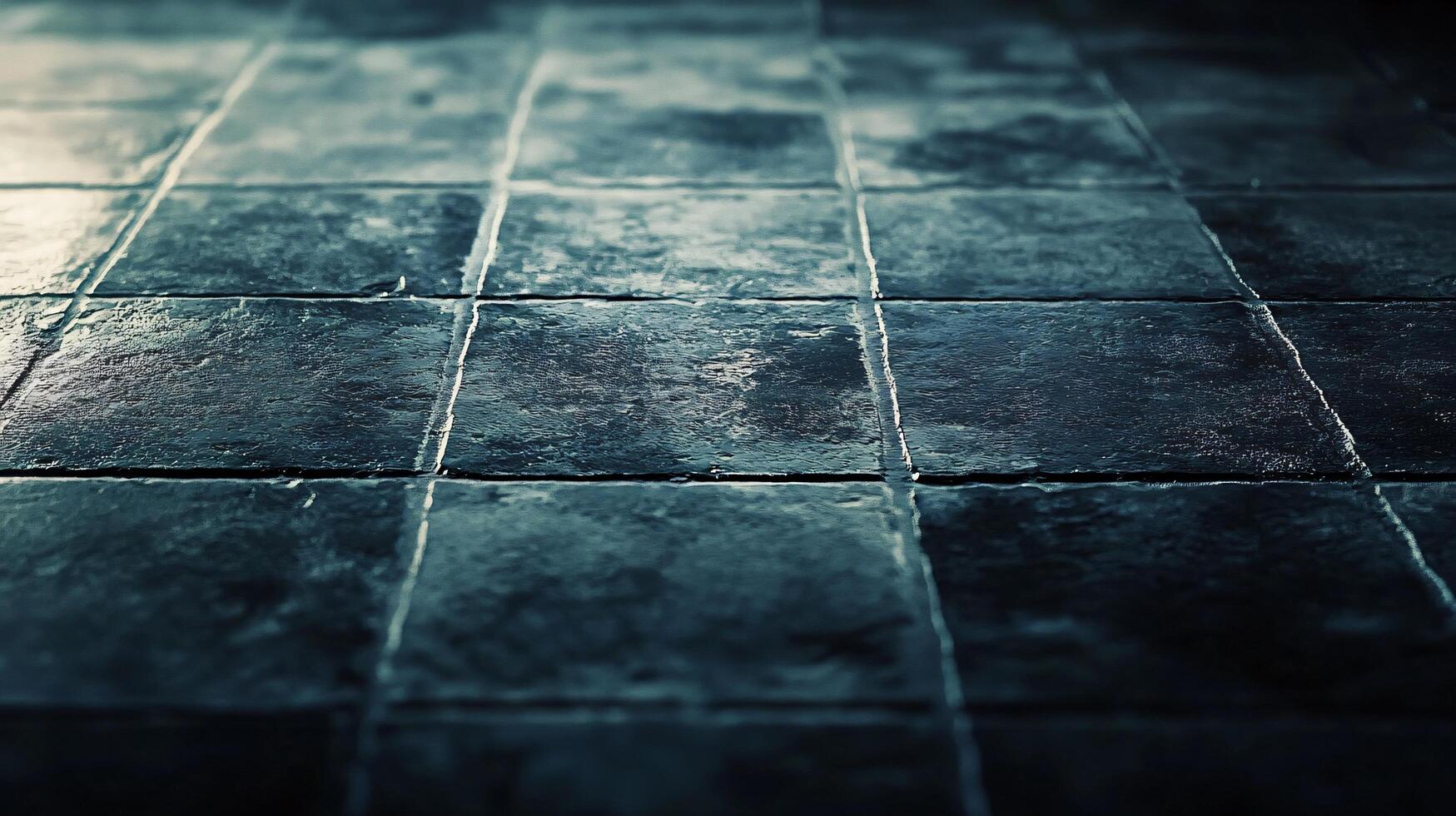 Dark blue tile floor with a wet spot in the middle. The tiles are square and the floor is tiled photo