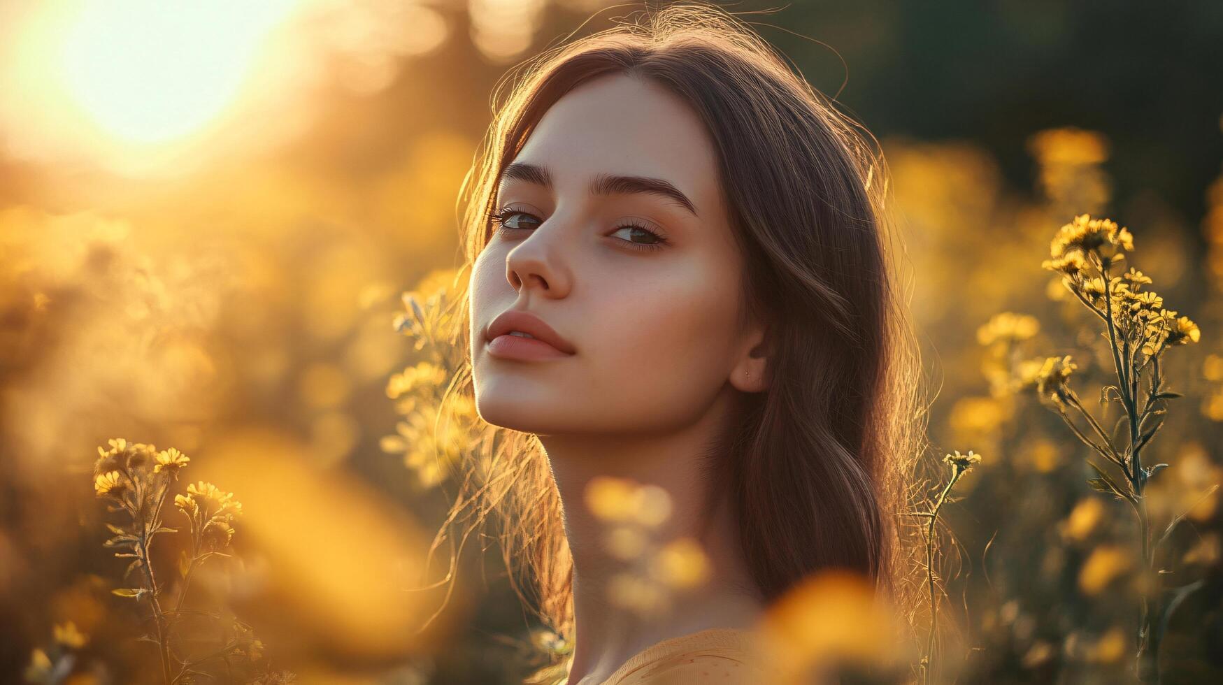 Woman is standing in a field of yellow flowers. She is wearing a yellow dress and has her hair pulled back. The sun is shining brightly, casting a warm glow on the scene photo