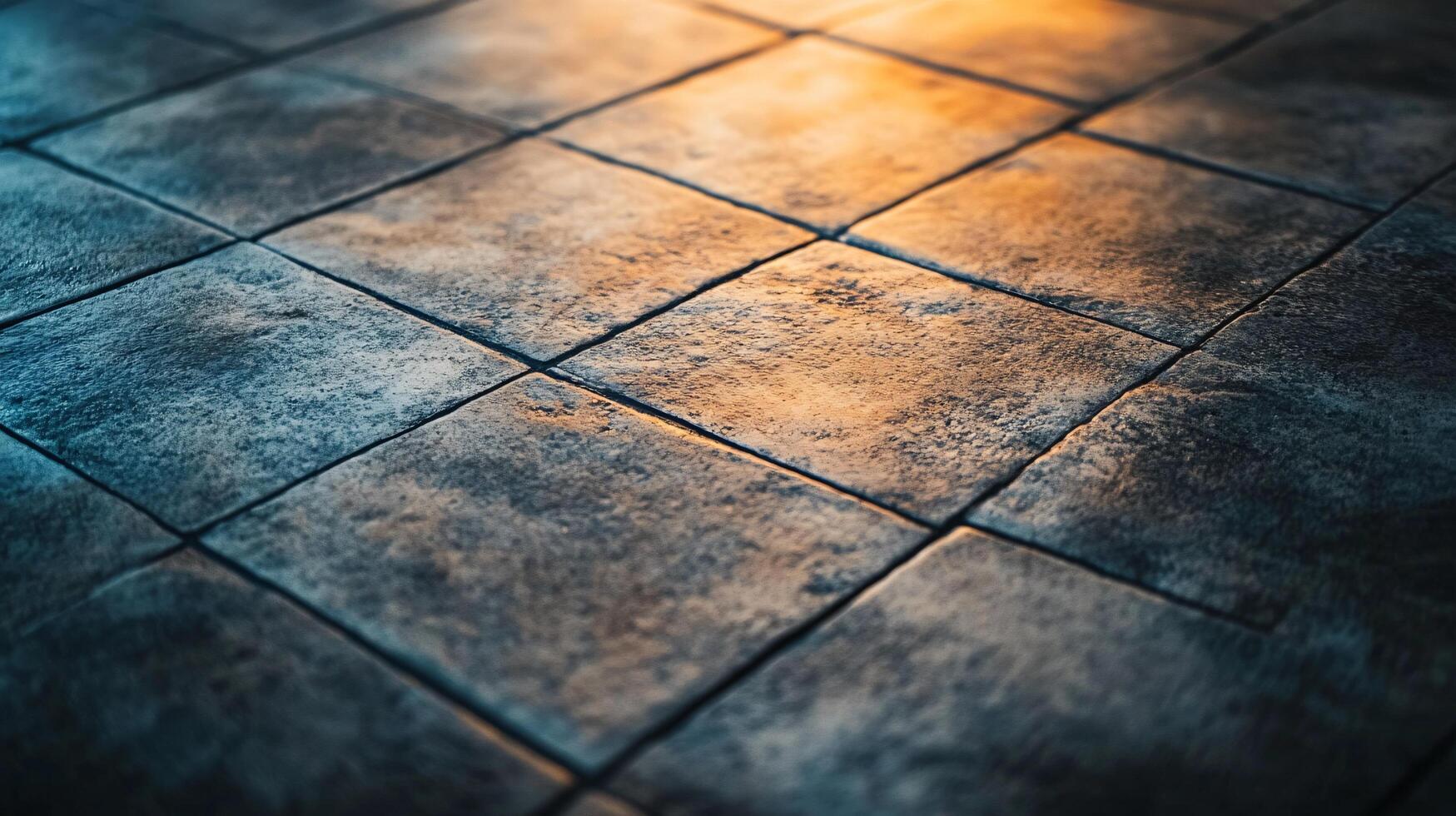 Dark blue tiled floor with a light shining on it. The light is creating a shadow on the floor photo