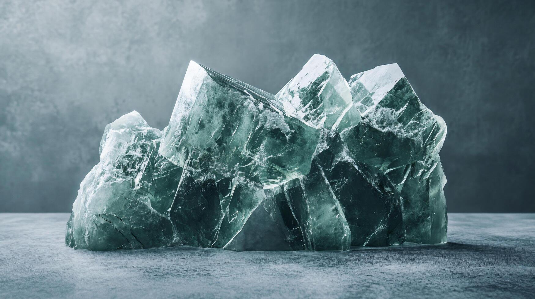 Large green rock with a blue tint. The rock is made of ice and is sitting on a grey surface photo