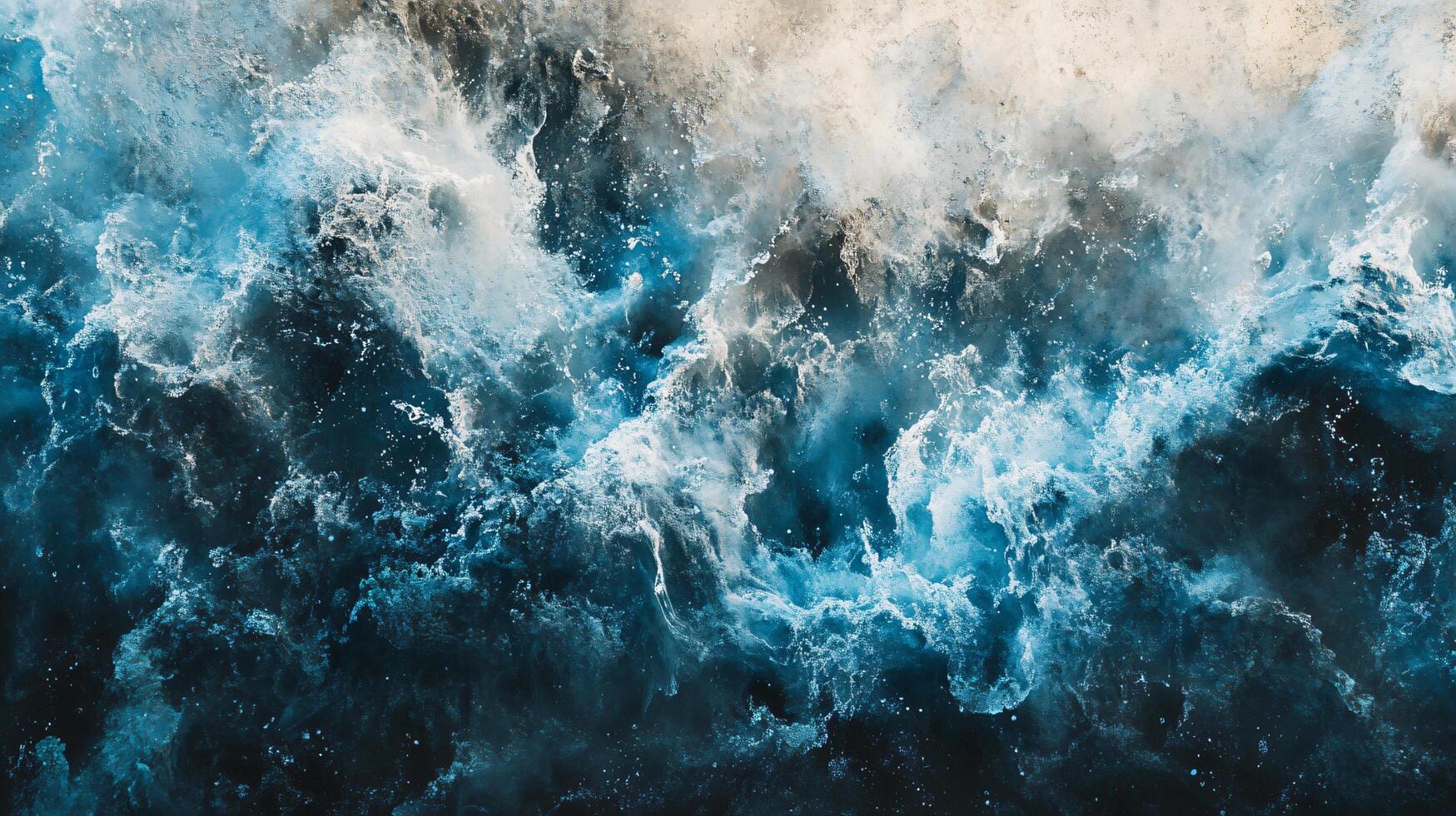 The image is of a large wave crashing into the ocean. The water is a deep blue color, and the sky is a light blue color. Scene is one of power and energy, as the wave is crashing down with force photo