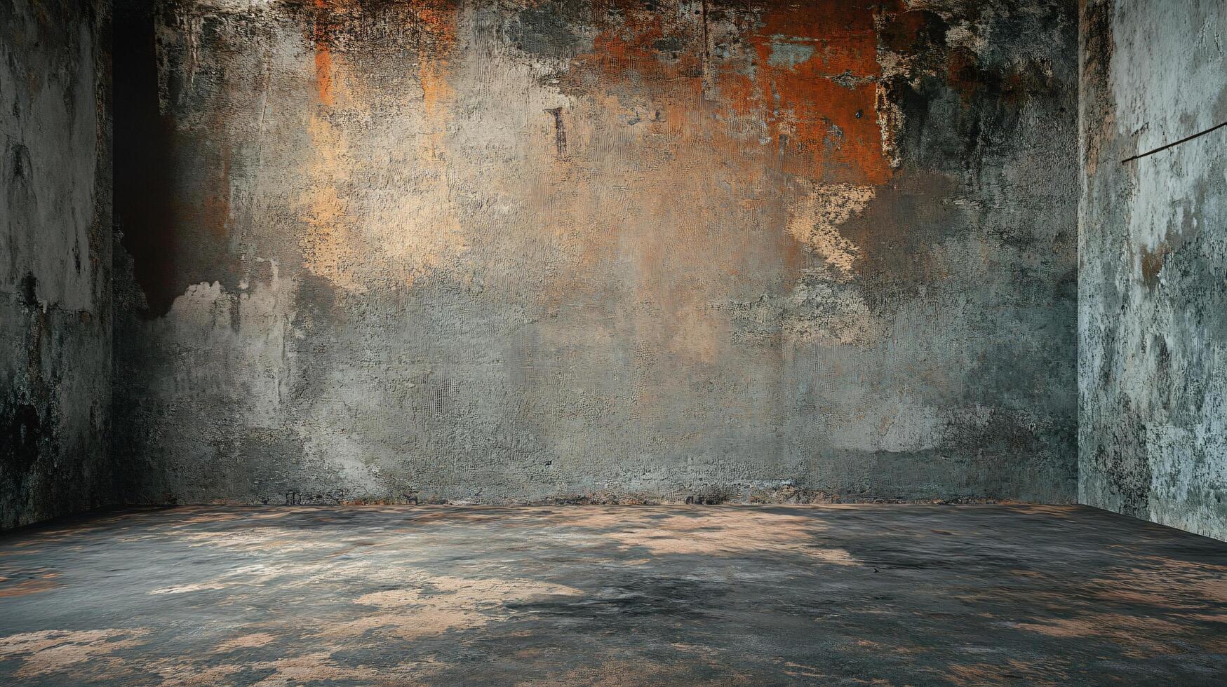 Large, empty room with a wall that is covered in graffiti. The room is bare and has a sense of emptiness photo