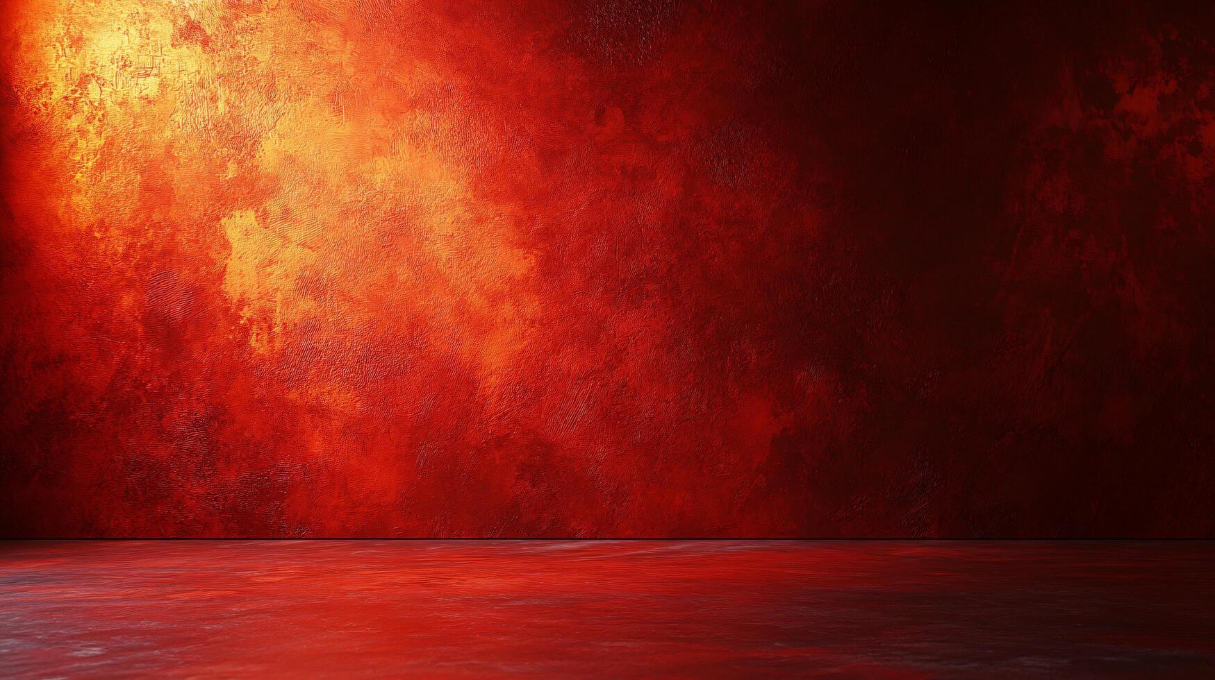 Red wall with a red background. The wall is covered in red paint and has a red and orange texture. The wall is empty and has no furniture or decorations. Scene is bold and dramatic photo
