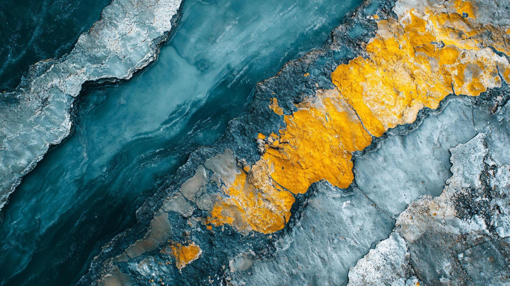 Blue and yellow rock formation with a blue ocean in the background. The blue and yellow colors create a sense of contrast and depth photo