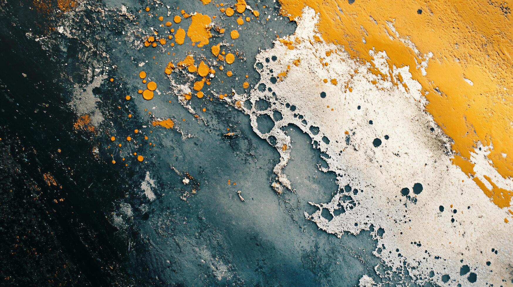 Painting with a blue and yellow background and white splatters. The splatters are in different sizes and shapes, and the painting has a sense of chaos and disorder photo