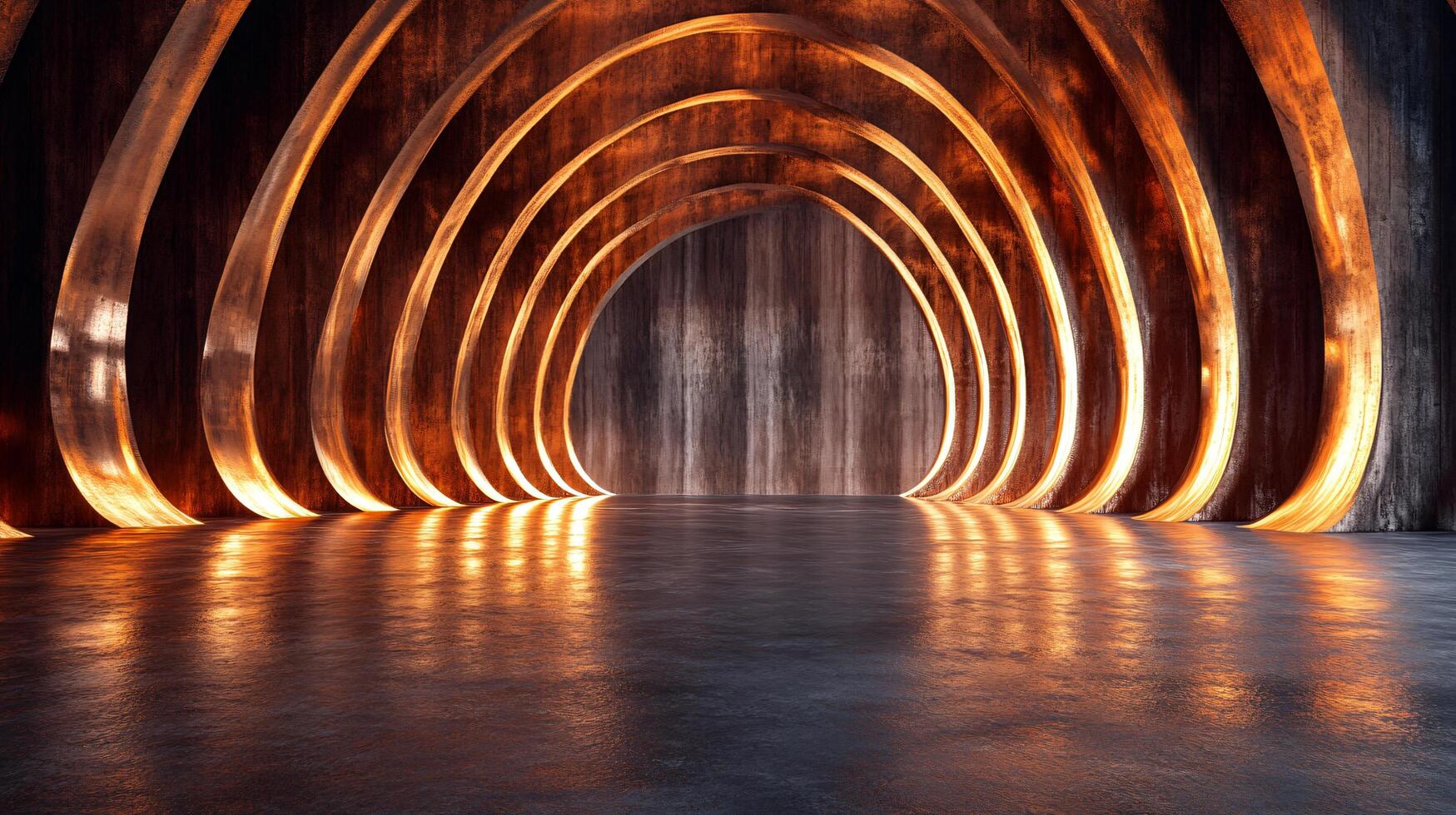 Large, empty room with a curved ceiling and a wall of wood. The room is lit with a warm, orange glow photo