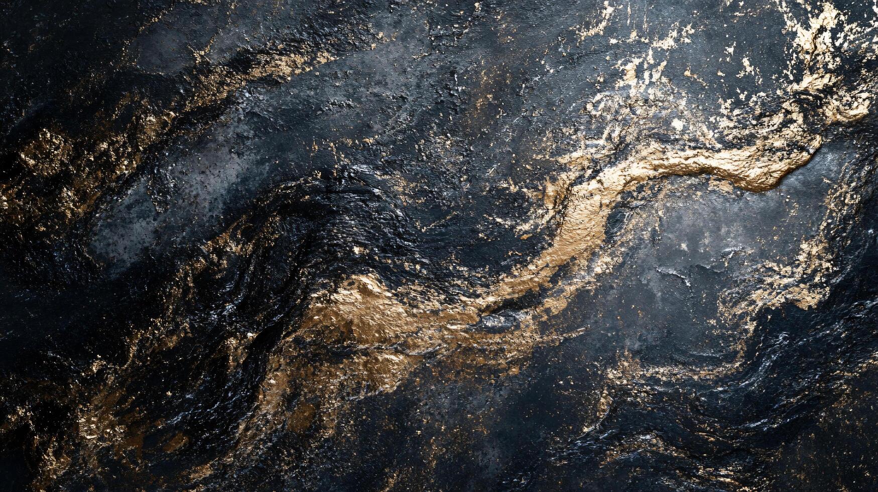 Black and gold painting of a wave. The gold is scattered throughout the painting, giving it a luxurious and elegant feel. The dark blue background adds a sense of depth and mystery to the piece photo