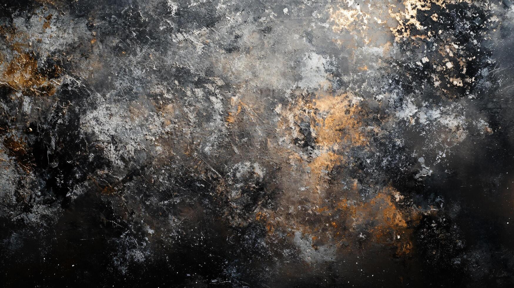 Painting of a black and white sky with a few splashes of gold. The painting is abstract and has a sense of chaos and disorder photo