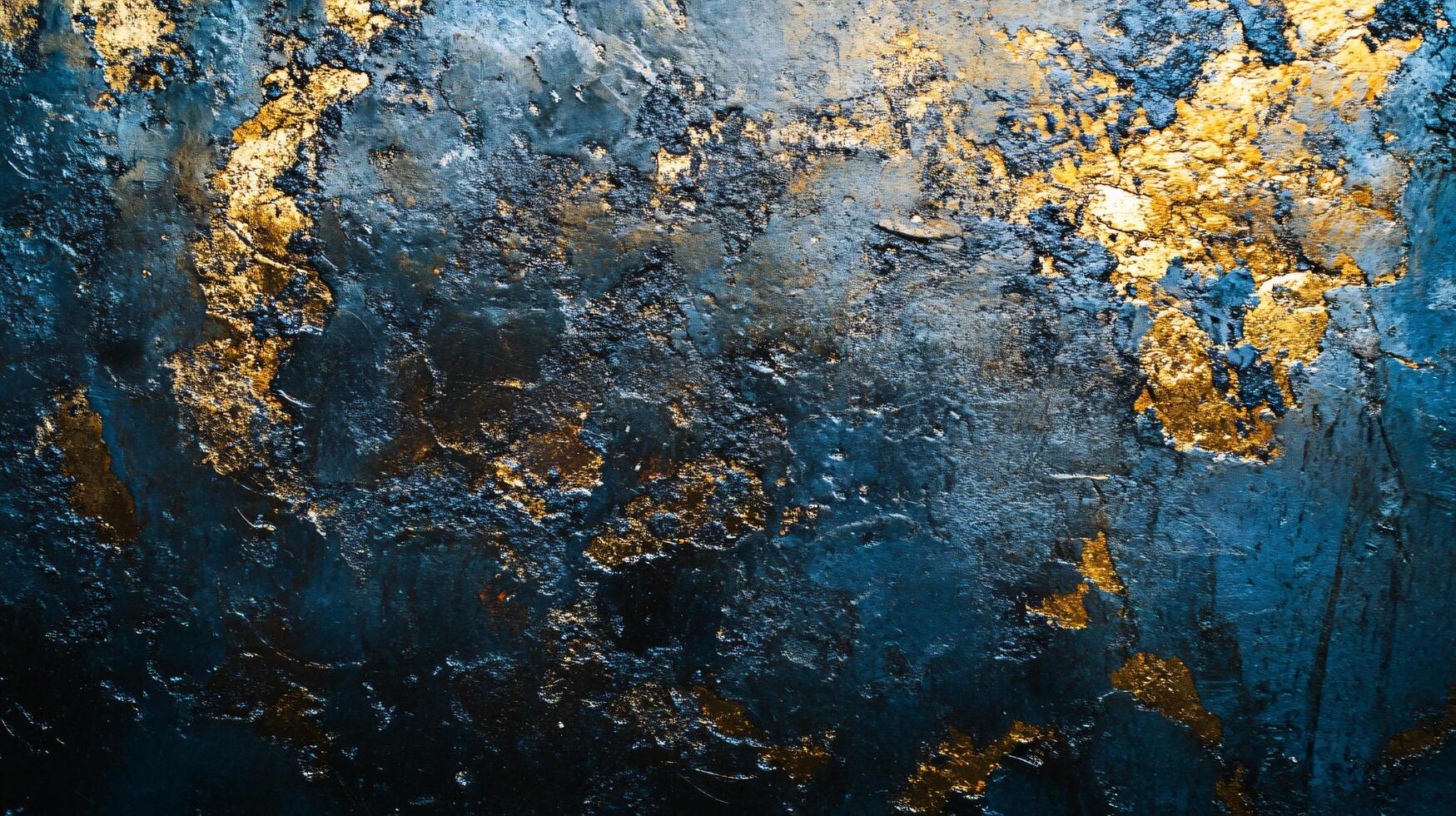 Blue and gold wall with a lot of texture. The wall is made of concrete and has a lot of gold and blue paint photo