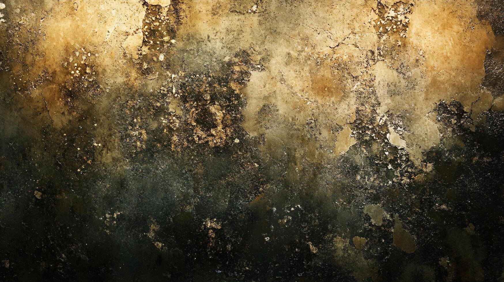Blurry, grainy, and somewhat dark image with a lot of texture. The image is of a wall with a lot of paint splatters and a few spots of gold. Scene is somewhat chaotic and messy photo