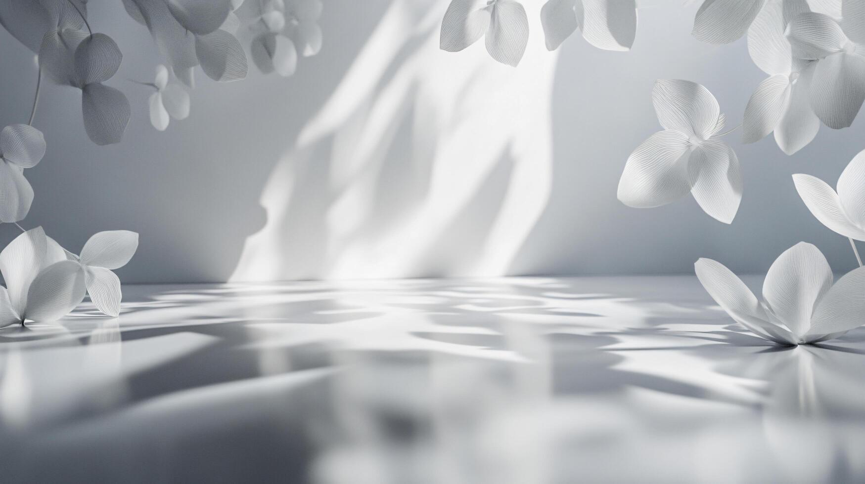 White background with a few white flowers and leaves. The flowers are floating in the air and the leaves are scattered around photo