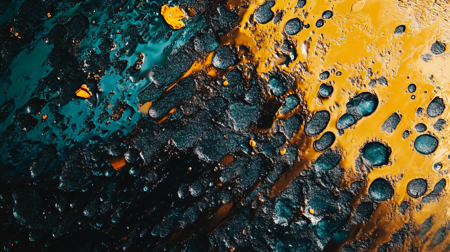 Painting of a wet surface with a blue and yellow background. The painting is abstract and has a lot of texture photo