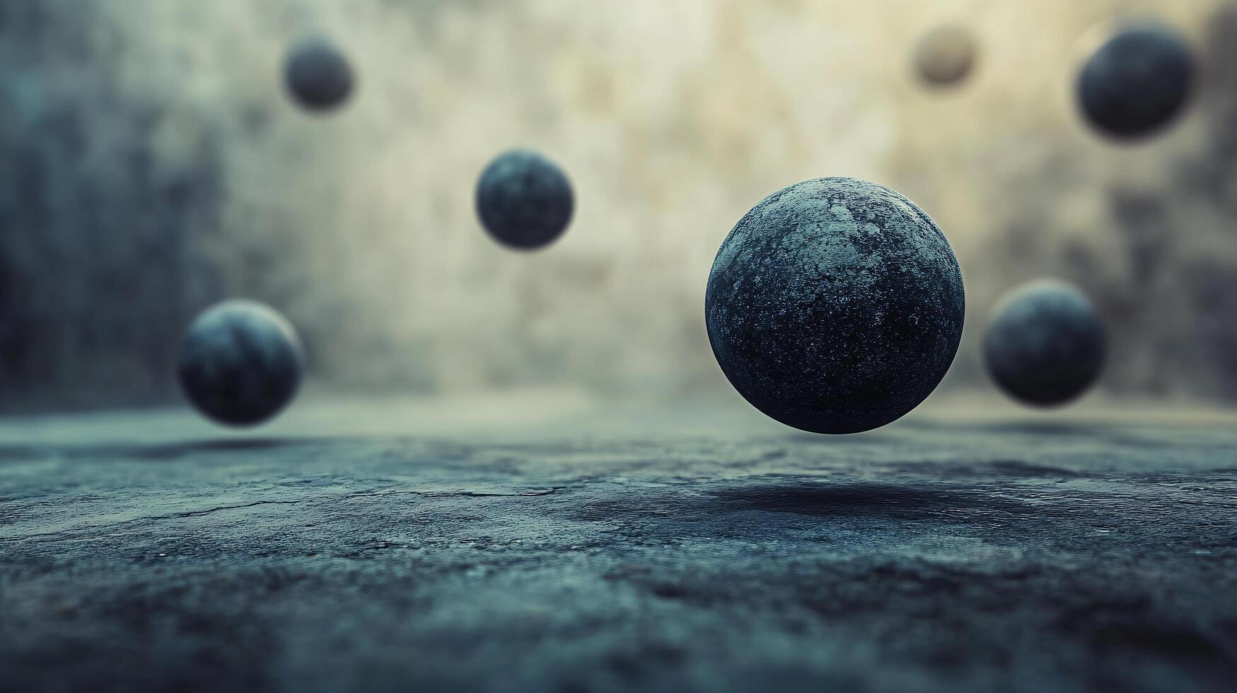 Group of small, blue spheres are floating in the air. The image has a dreamy, surreal quality to it, as if the spheres are floating in a different dimension. Scene is one of wonder and curiosity photo