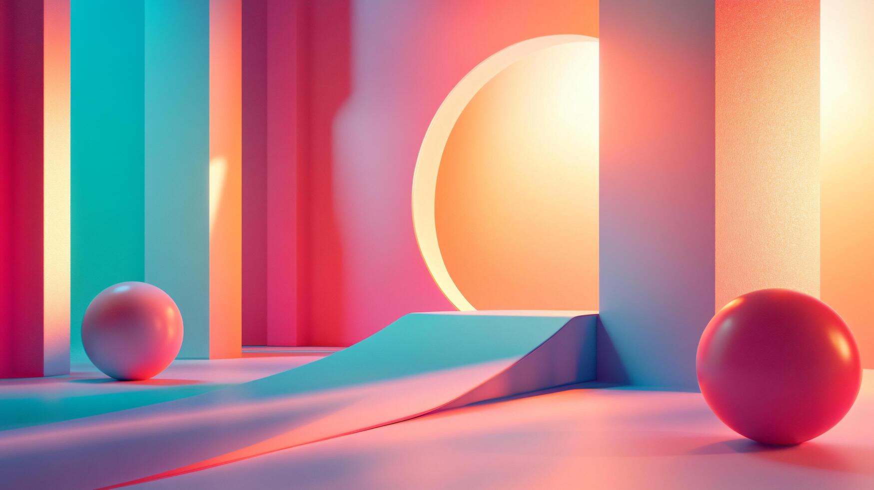 Room with a pink wall and a blue wall. There are two balls on the floor. The balls are red and are placed in front of a wall photo