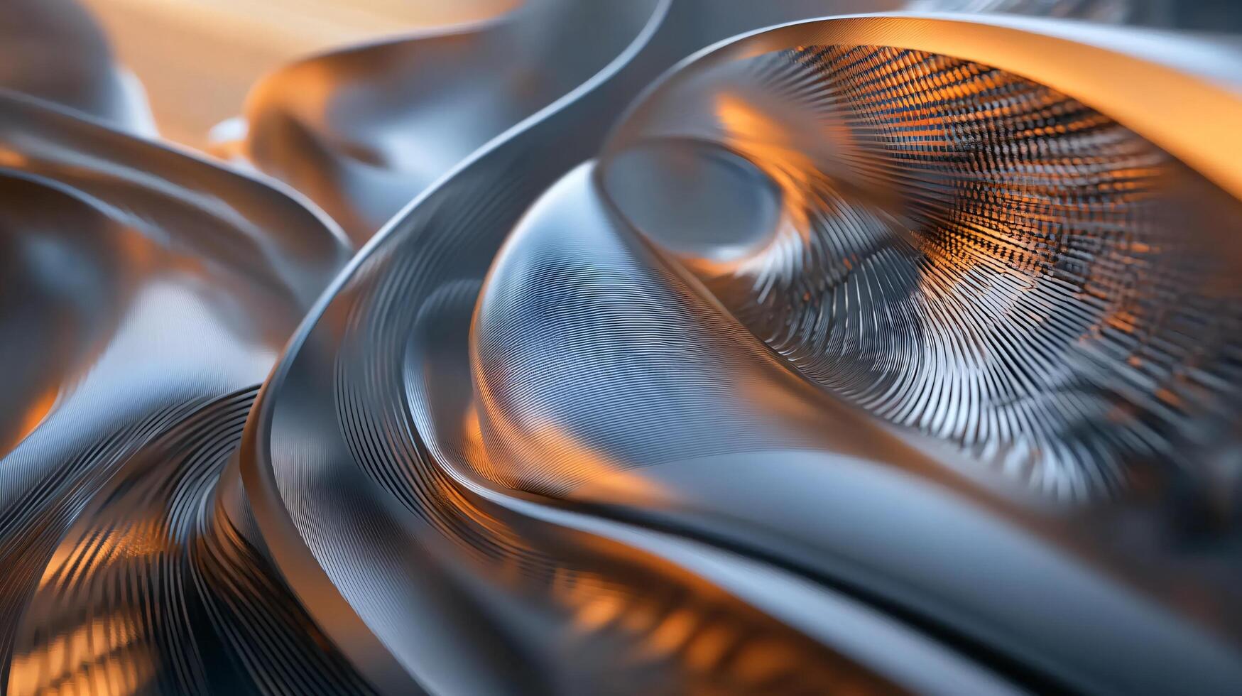 Piece of artwork with a shiny, metallic texture. The piece is abstract and has a sense of movement and fluidity. The colors are muted and the overall mood is calm and serene photo