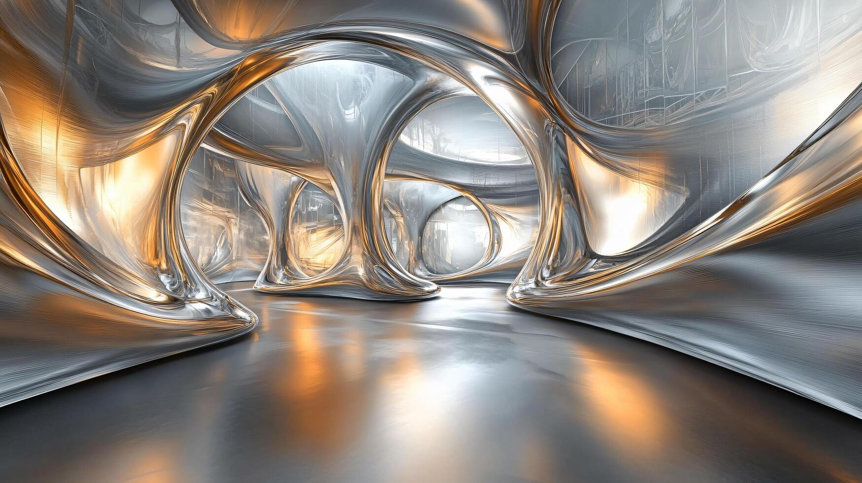 Large, open space with a lot of silver and gold elements. The space is very open and has a lot of light, giving it a feeling of openness and freedom photo
