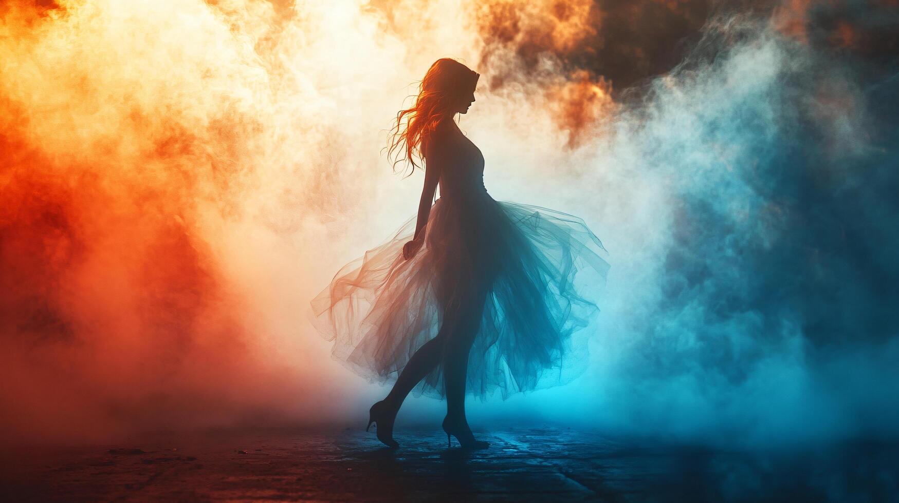 Woman in a white dress is walking through a blue and red smoke. The smoke is thick and the woman is the only visible figure. The scene is dark and mysterious photo