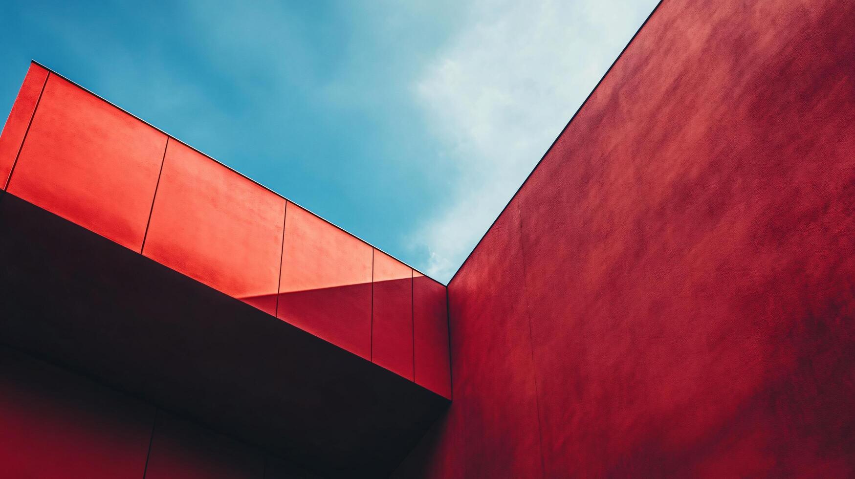 Red building with a blue sky in the background. The building is a modern design with a lot of red and blue colors photo