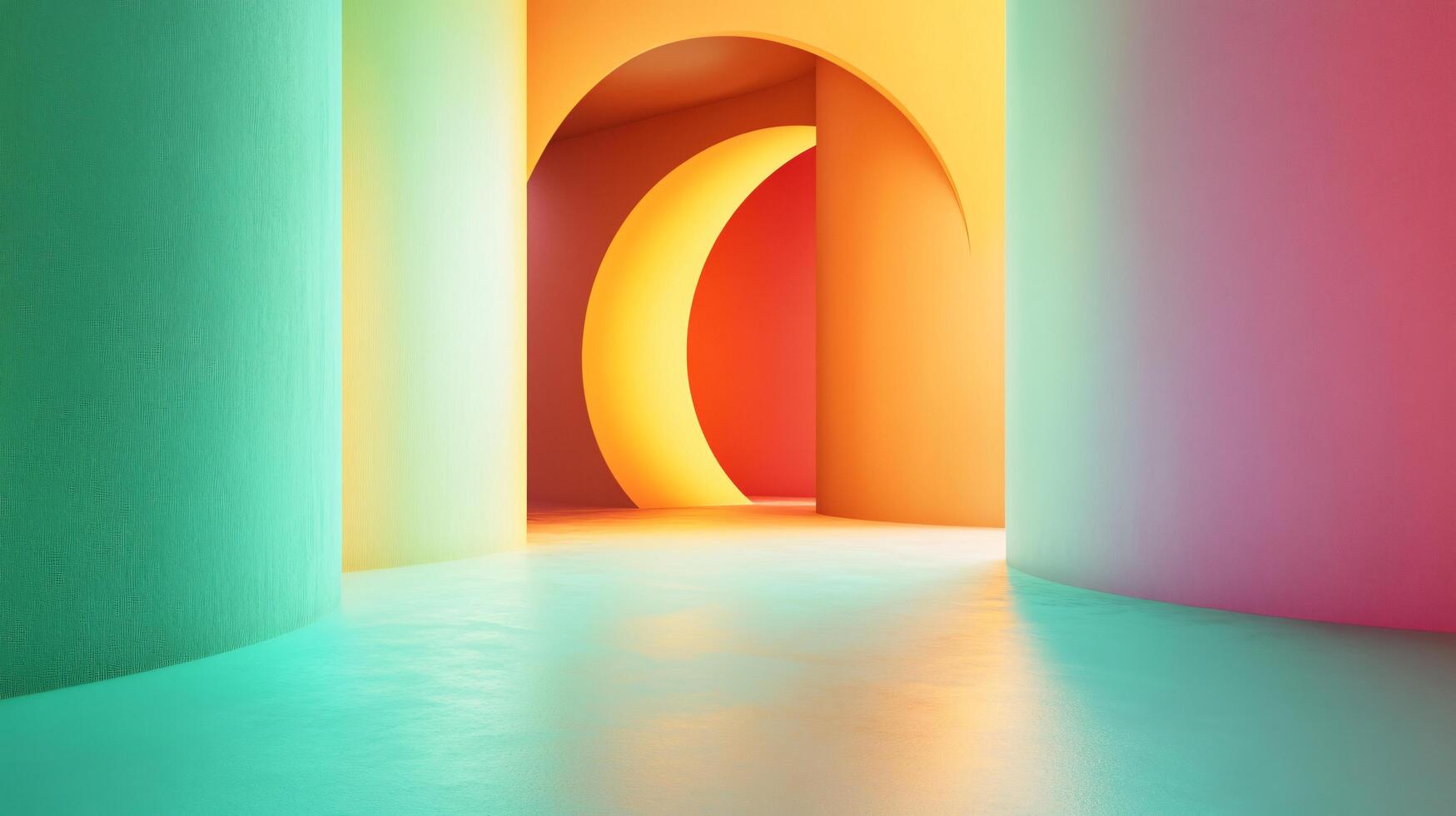 Colorful hallway with a curved archway in the middle. The archway is surrounded by walls of different colors, creating a vibrant and dynamic atmosphere photo