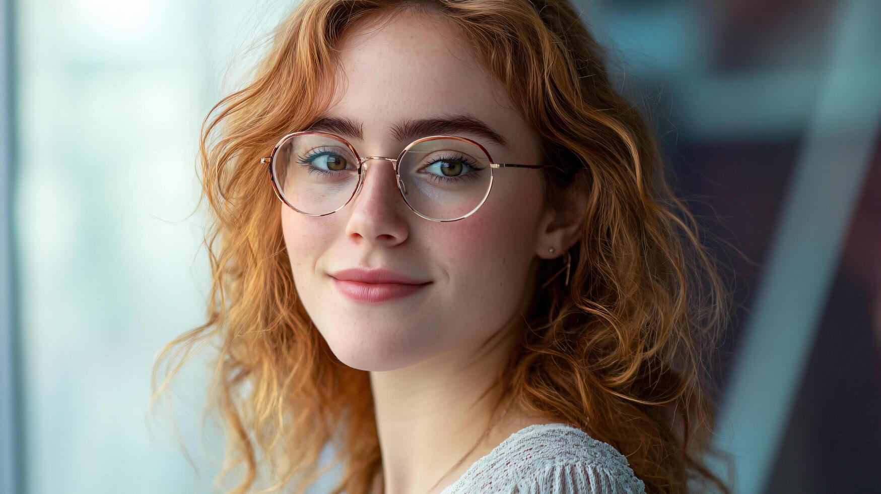Woman with red hair and glasses is smiling. She is wearing a white shirt and has a pinkish tint to her cheeks photo