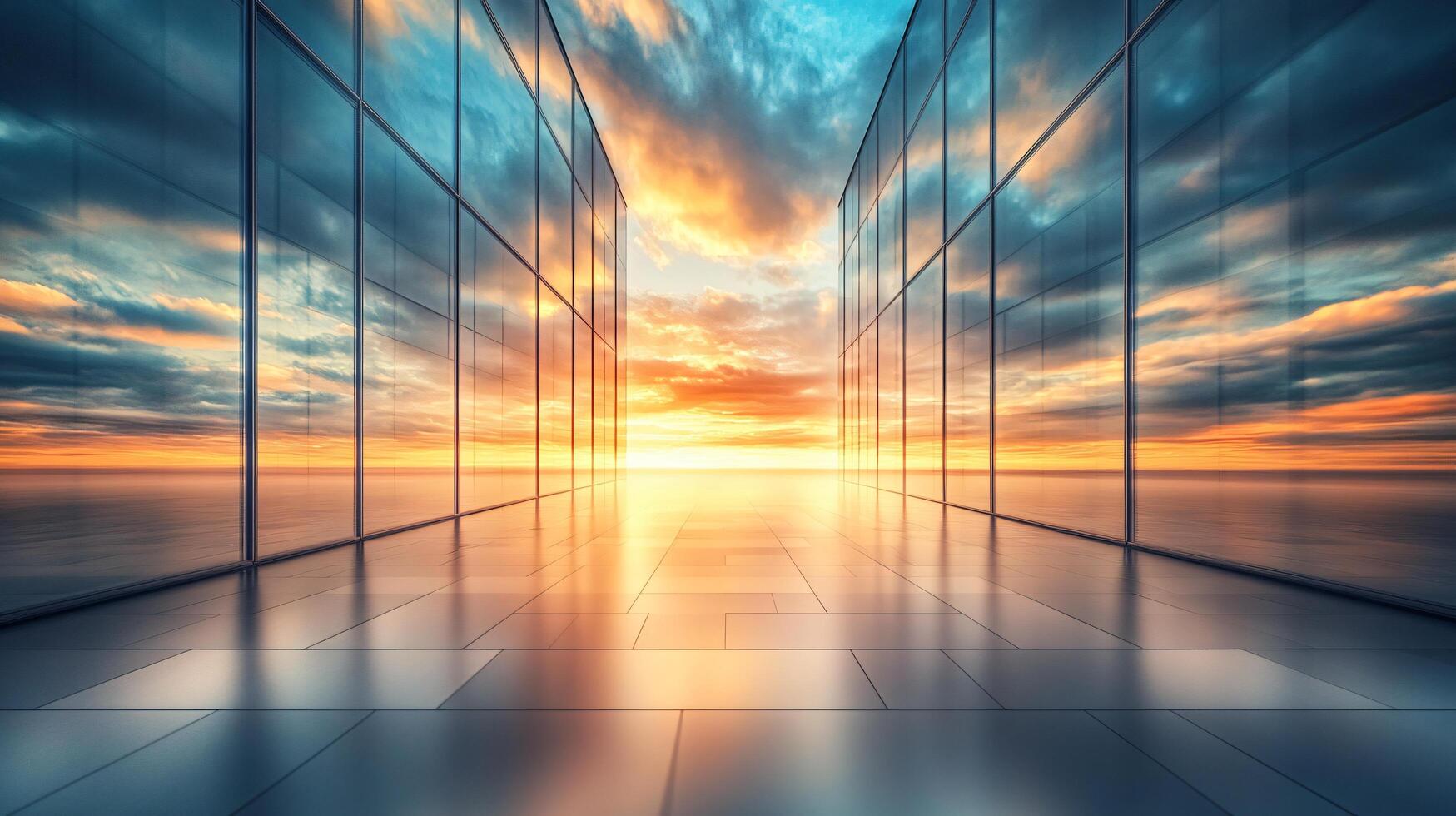 Large, empty room with a view of the ocean and a beautiful sunset. The room is filled with large windows that allow the sunlight to shine through, creating a warm and inviting atmosphere photo