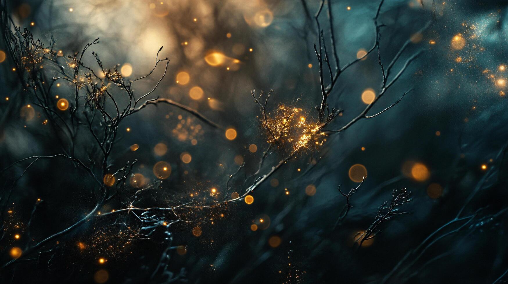 Blurry image of a forest with glowing branches and leaves. Scene is serene and peaceful, with the glowing branches creating a sense of magic and wonder photo