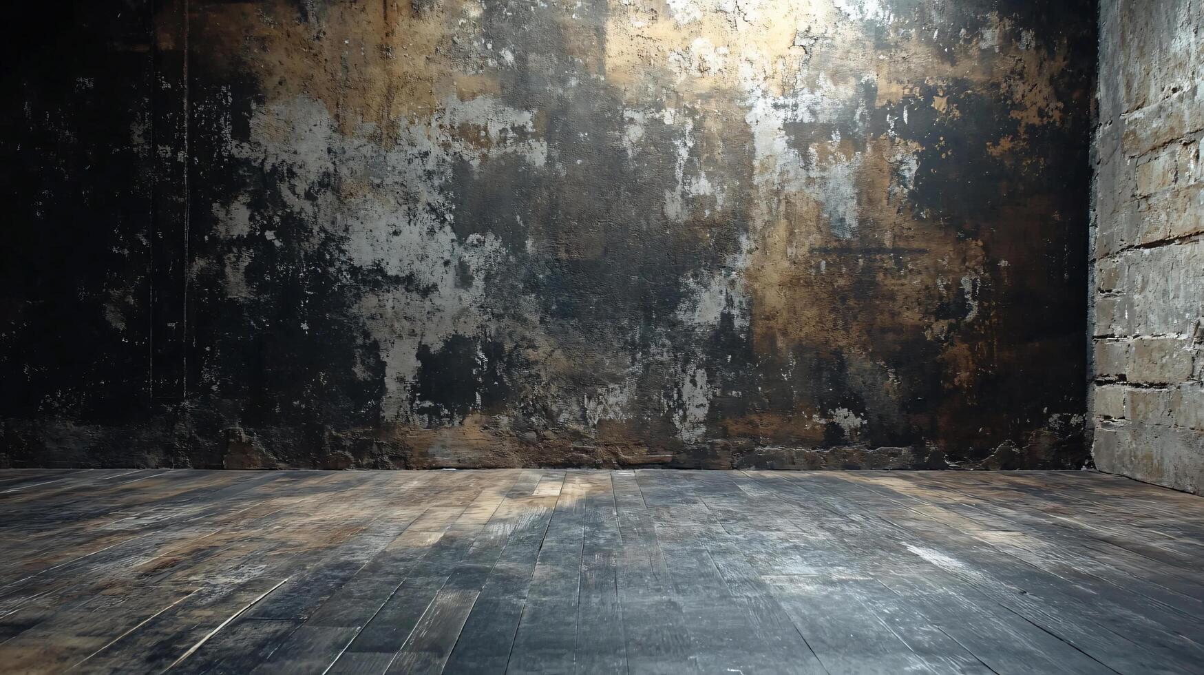 Large, empty room with a wall that is covered in graffiti and has a lot of cracks photo