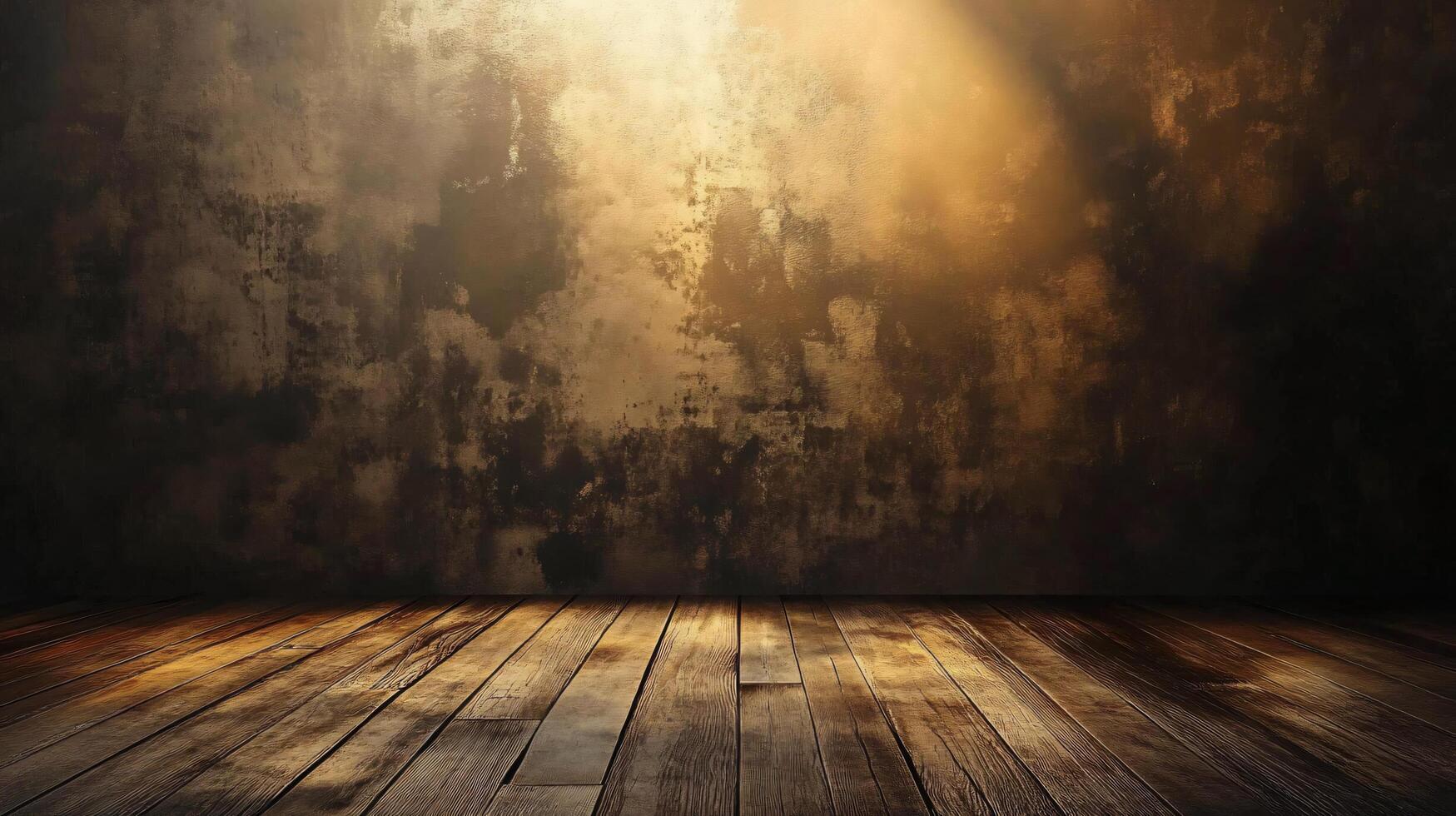 Wooden floor with a wall in the background. The wall is covered in graffiti and has a lot of texture. The floor is empty and has a lot of wood grain photo