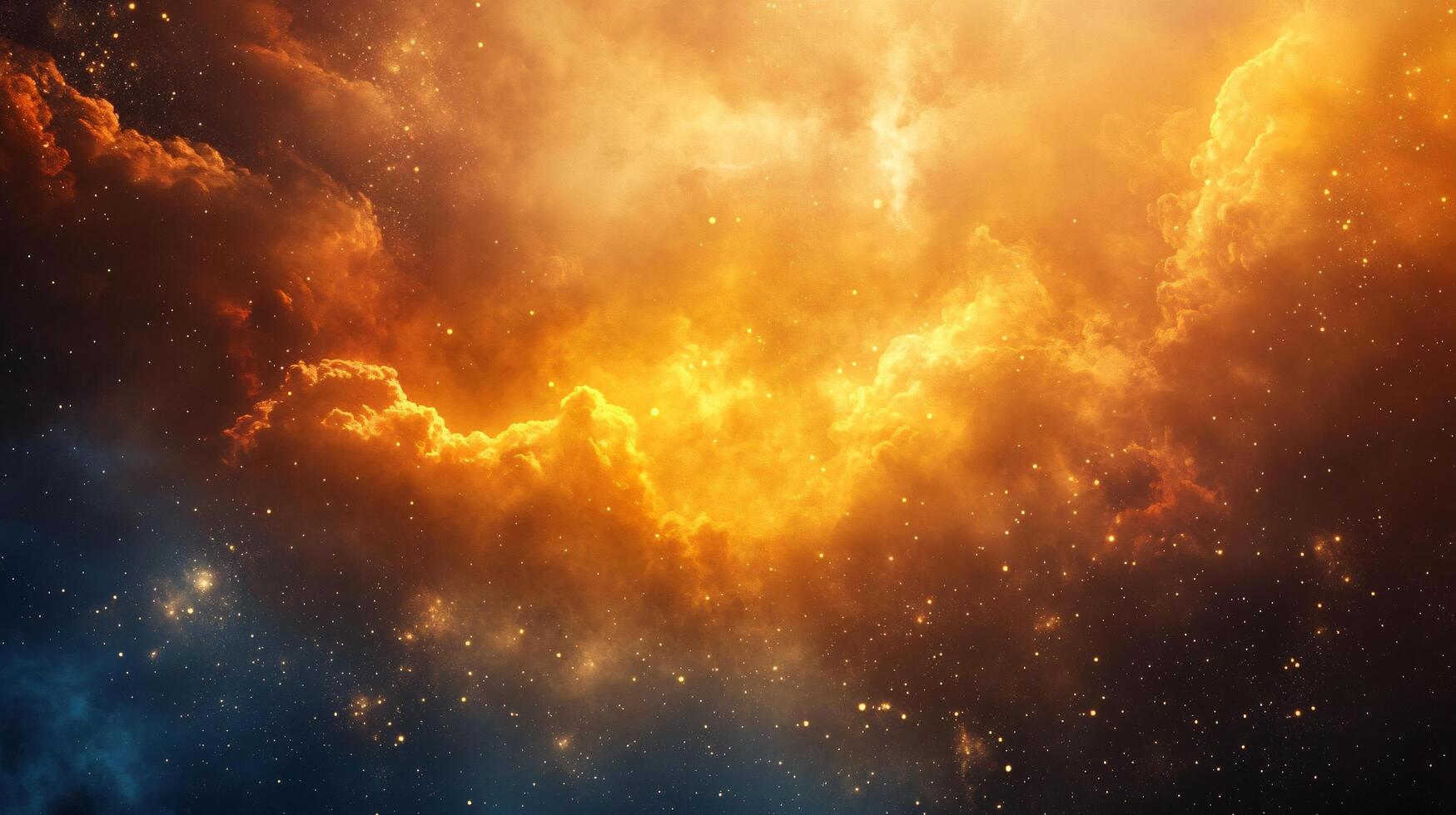 Bright orange and blue sky with a lot of stars. The sky is filled with clouds and the stars are scattered throughout. Scene is one of wonder and awe at the vastness of the universe photo