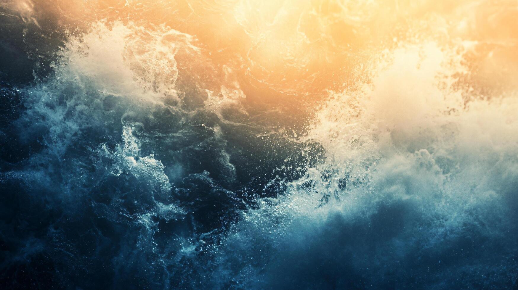 The image is of a large wave crashing into the ocean. The water is a deep blue color, and the sky is a bright yellow. Scene is one of power and energy, as the wave is crashing down with force photo