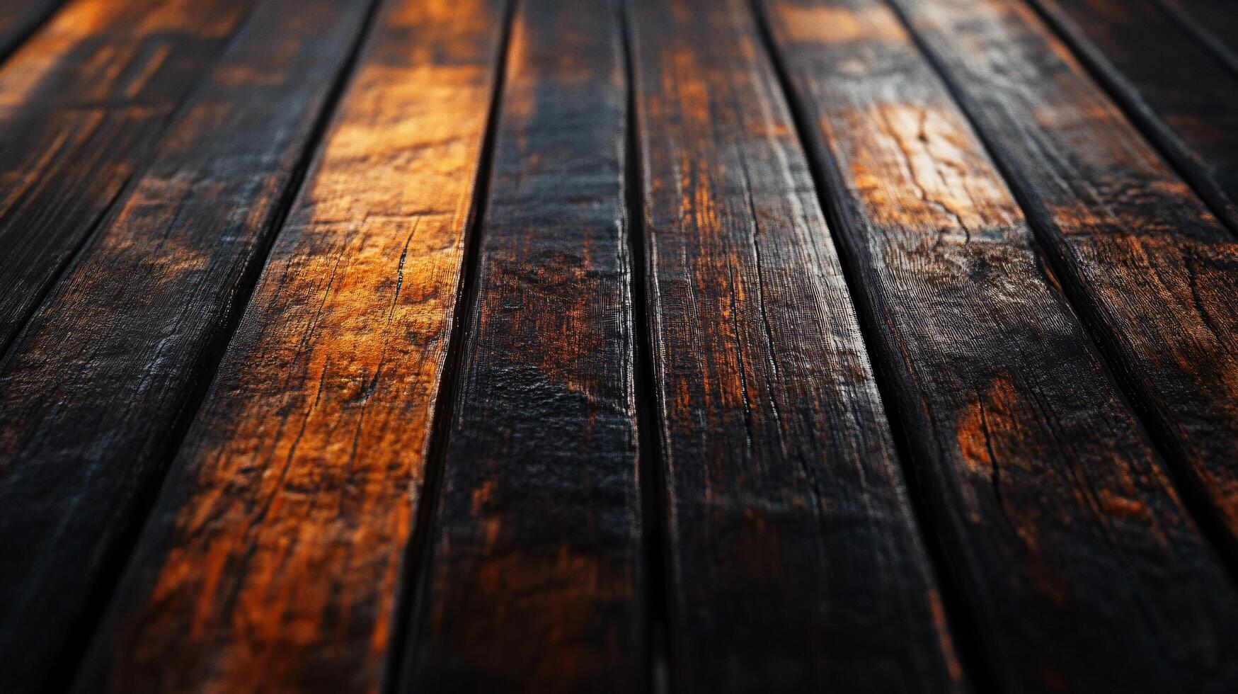Wooden floor with a dark brown color. The floor is covered in wood grain, giving it a rustic and natural appearance. The wood appears to be weathered and aged photo