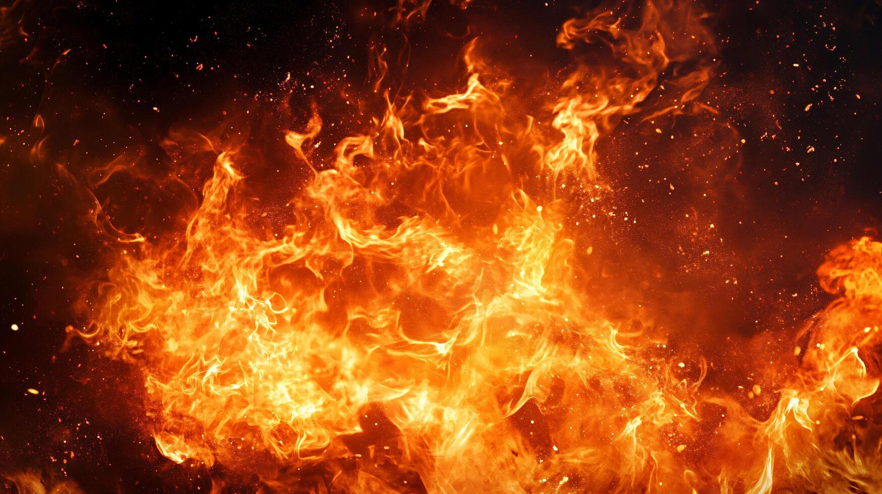 Close up of a fire with orange flames and black smoke. The fire is very large and is surrounded by a lot of ash. Scene is intense and dramatic photo