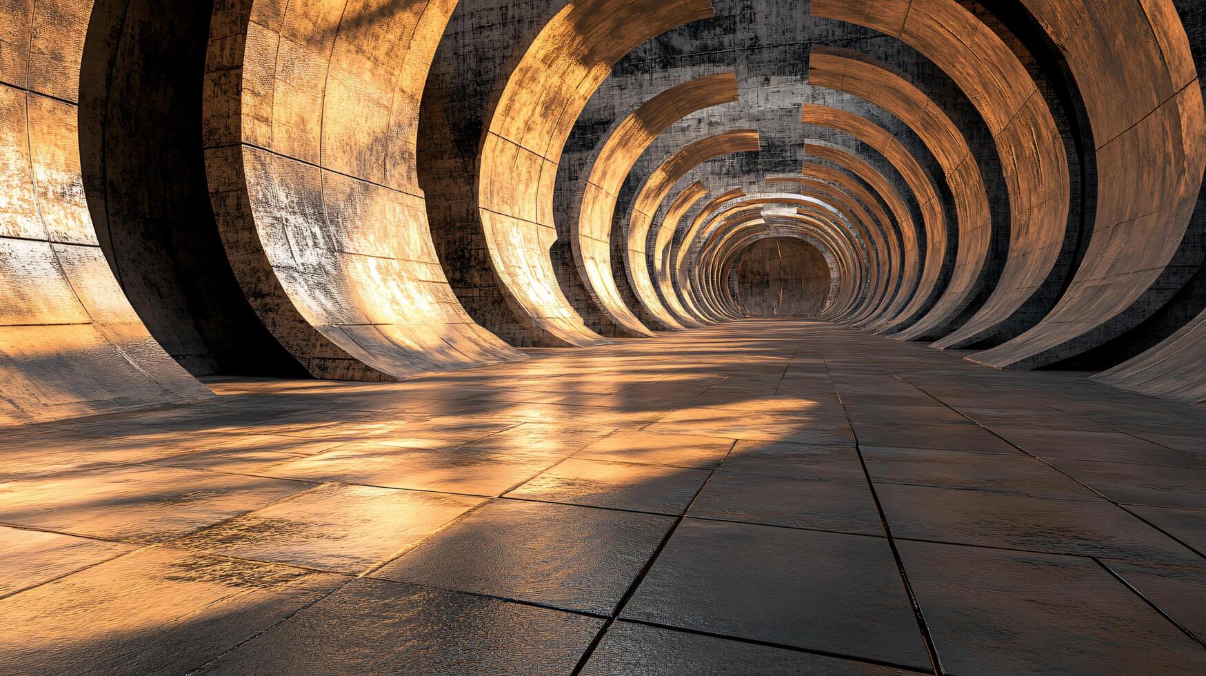 Long tunnel with a shiny, metallic surface. The tunnel is empty and he is a part of a larger structure photo