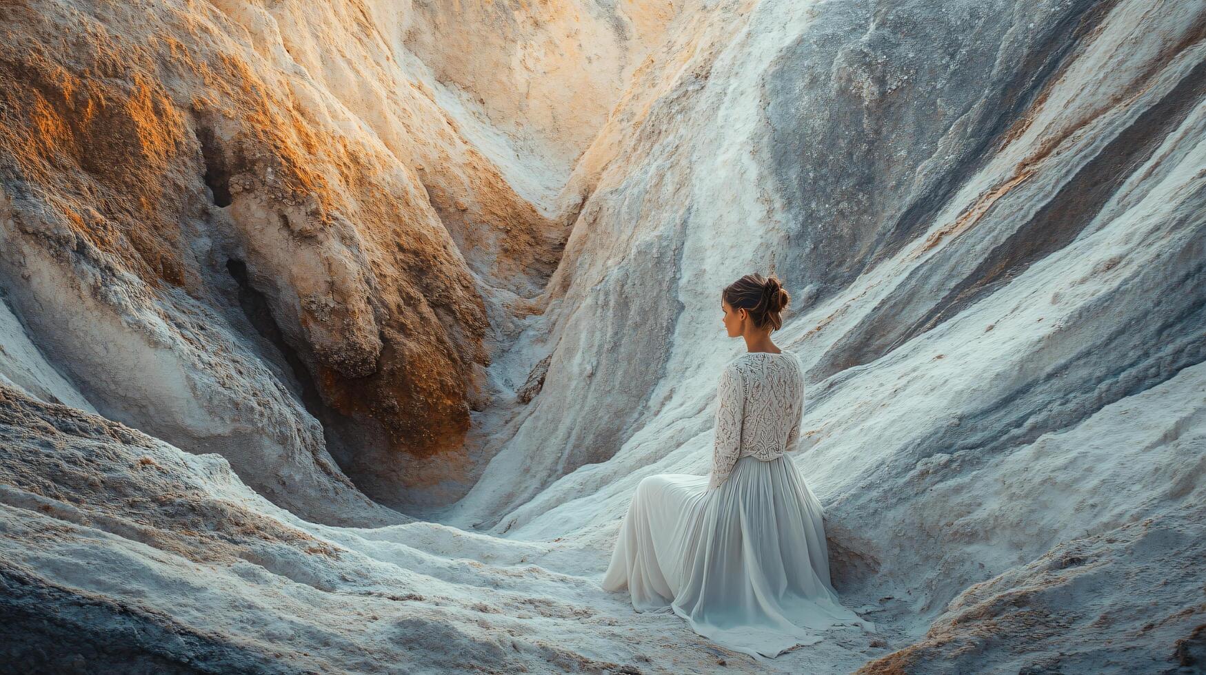 Woman is sitting in the snow, wearing a white dress. The scene is serene and peaceful, with the woman being the only person in the image. The snow-covered landscape creates a sense of isolation photo