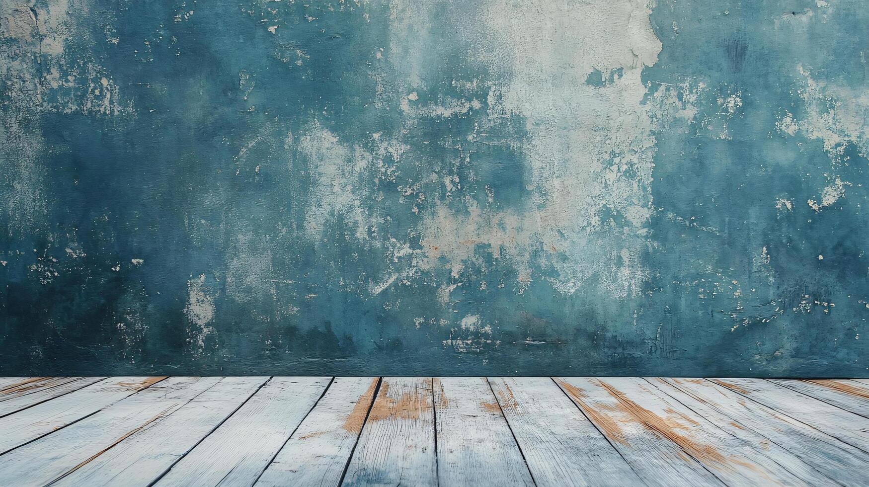 Blue wall with a wooden floor. The wall is covered in a textured paint that gives it a worn and weathered appearance. The wooden floor adds a rustic touch to the space, creating a cozy photo