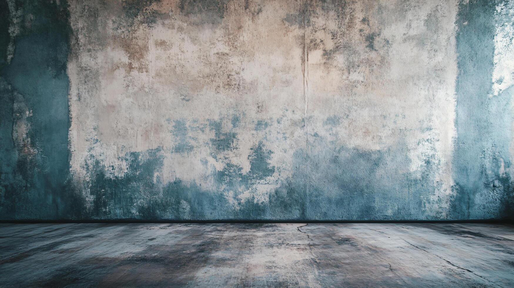 Large, empty room with a blue wall and a white ceiling. The room is bare and empty, with no furniture or decorations. The blue wall and white ceiling create a stark, minimalist atmosphere photo