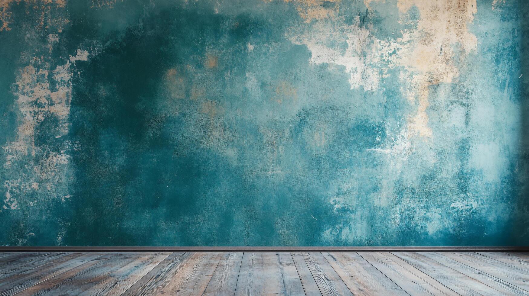 Blue wall with a wooden floor and a large empty space. The wall has a textured, rough appearance, giving the room a rustic, cozy feel photo