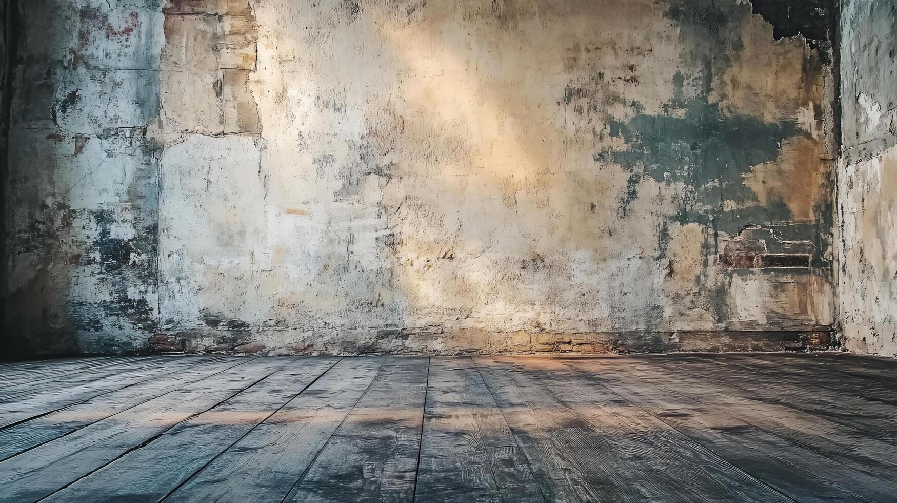 Large empty room with a wall that is covered in peeling paint. The room is bare and empty, with no furniture or decorations. The peeling paint on the wall gives the room a sense of decay photo