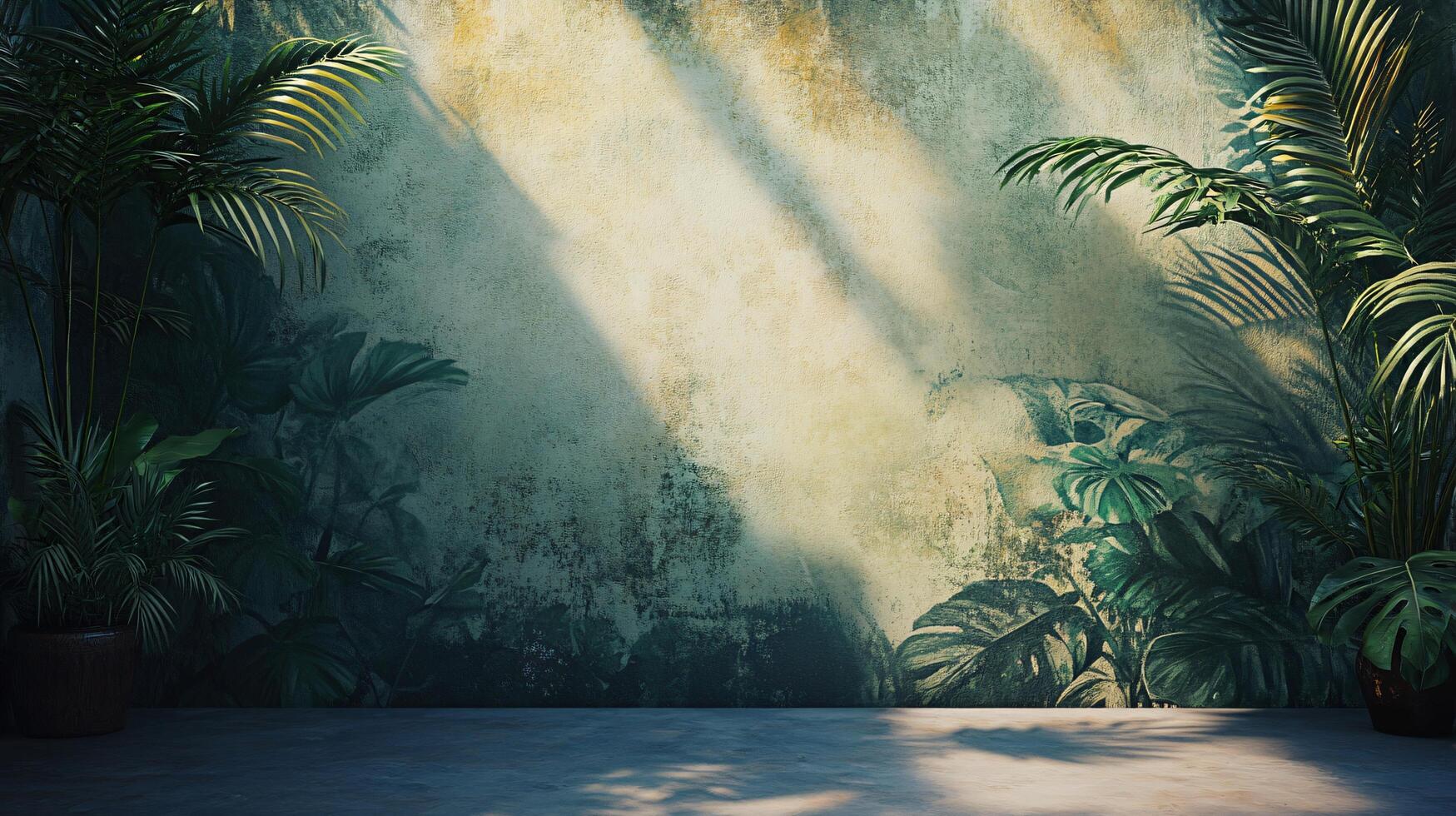 Wall with a green background and a bunch of plants on it. The plants are in pots and are arranged in a way that they look like they are growing out of the wall. The wall is made of concrete photo