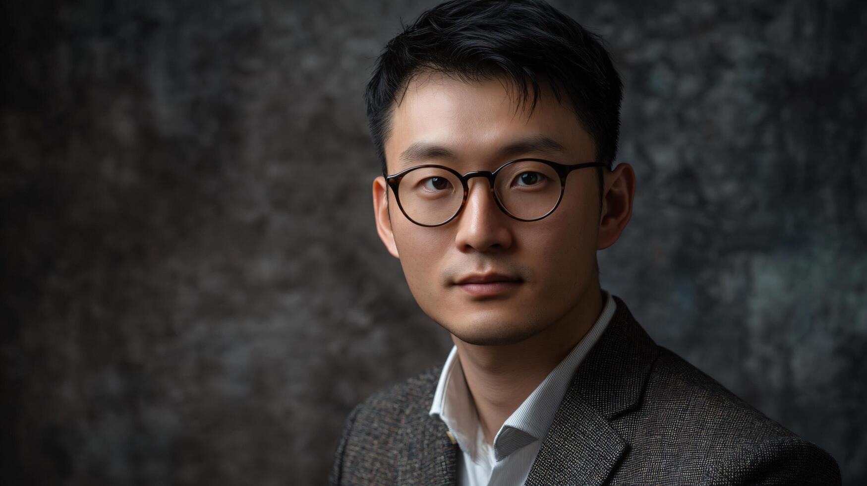 Man wearing glasses and a suit is standing in front of a wall. The man's face is serious and focused photo