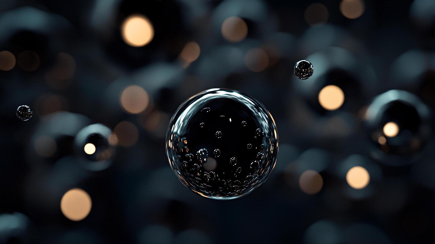 Black and white image of a black sphere surrounded by many other spheres. The image has a moody and mysterious feel to it, as the black sphere stands out against the dark background photo