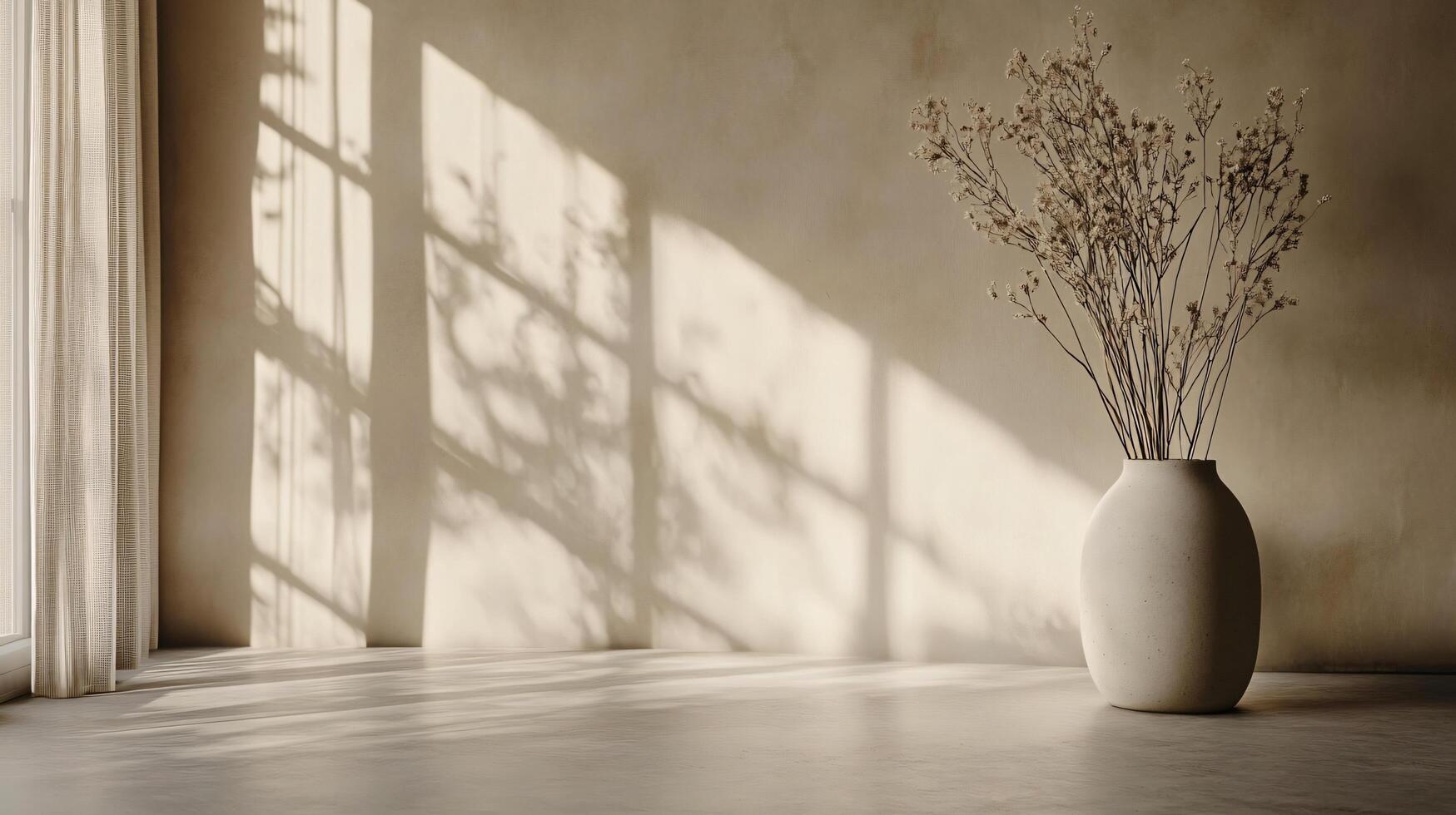 Vase with flowers sits on a table in a room with a window. The sunlight casts a shadow on the floor, creating a warm and inviting atmosphere photo