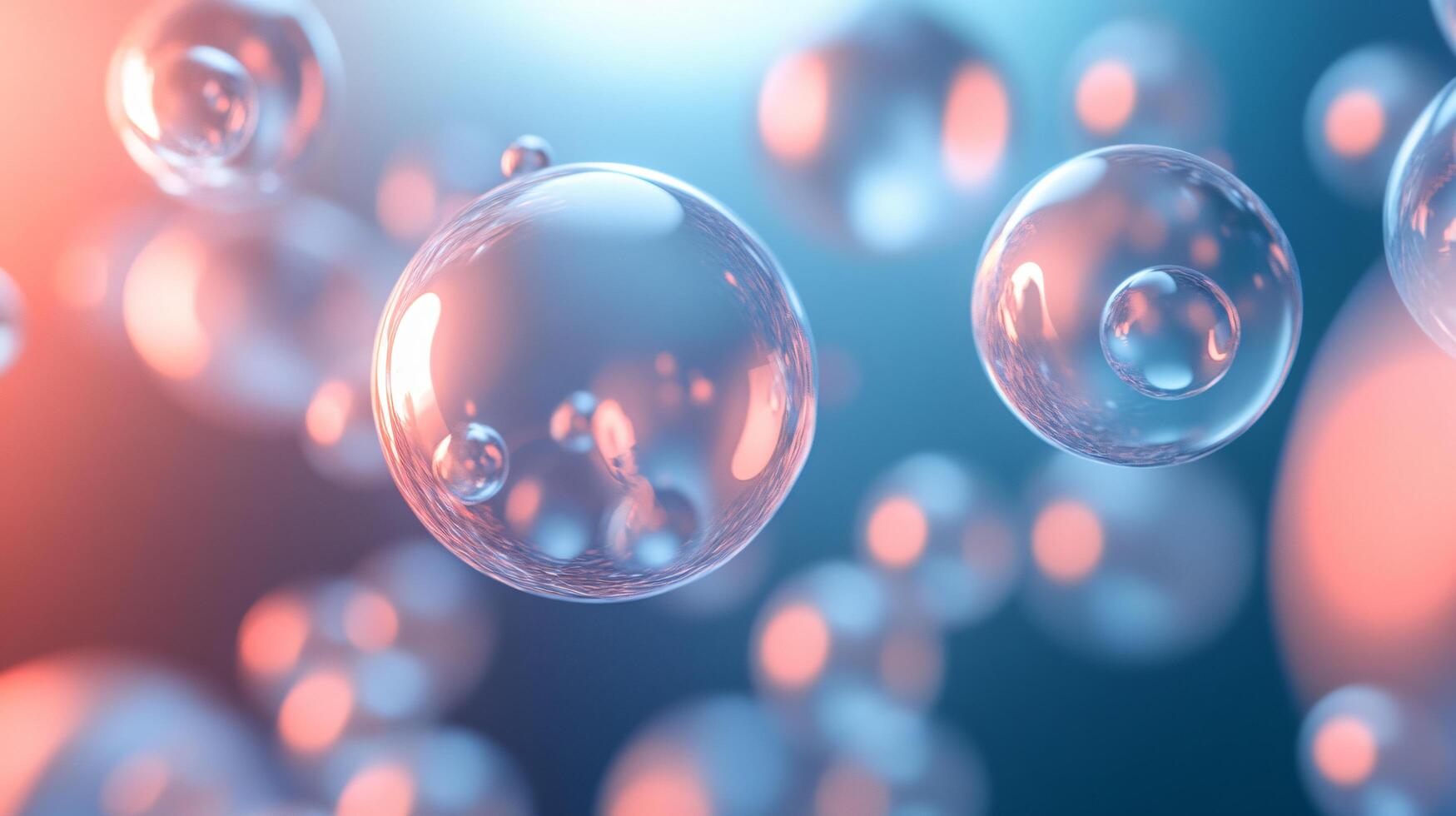 Collection of small, clear spheres in a blue and red background. The spheres are all different sizes and are scattered throughout the image. Scene is one of curiosity and wonder photo