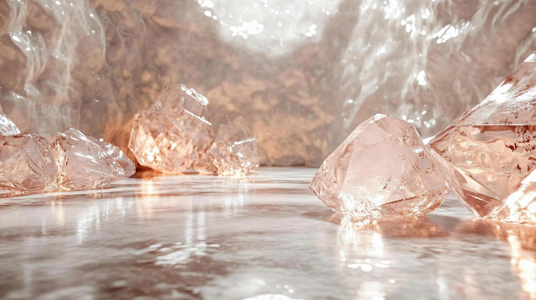 Room with ice cubes and rocks. The ice cubes are melting and the rocks are scattered around. Scene is cold and desolate photo