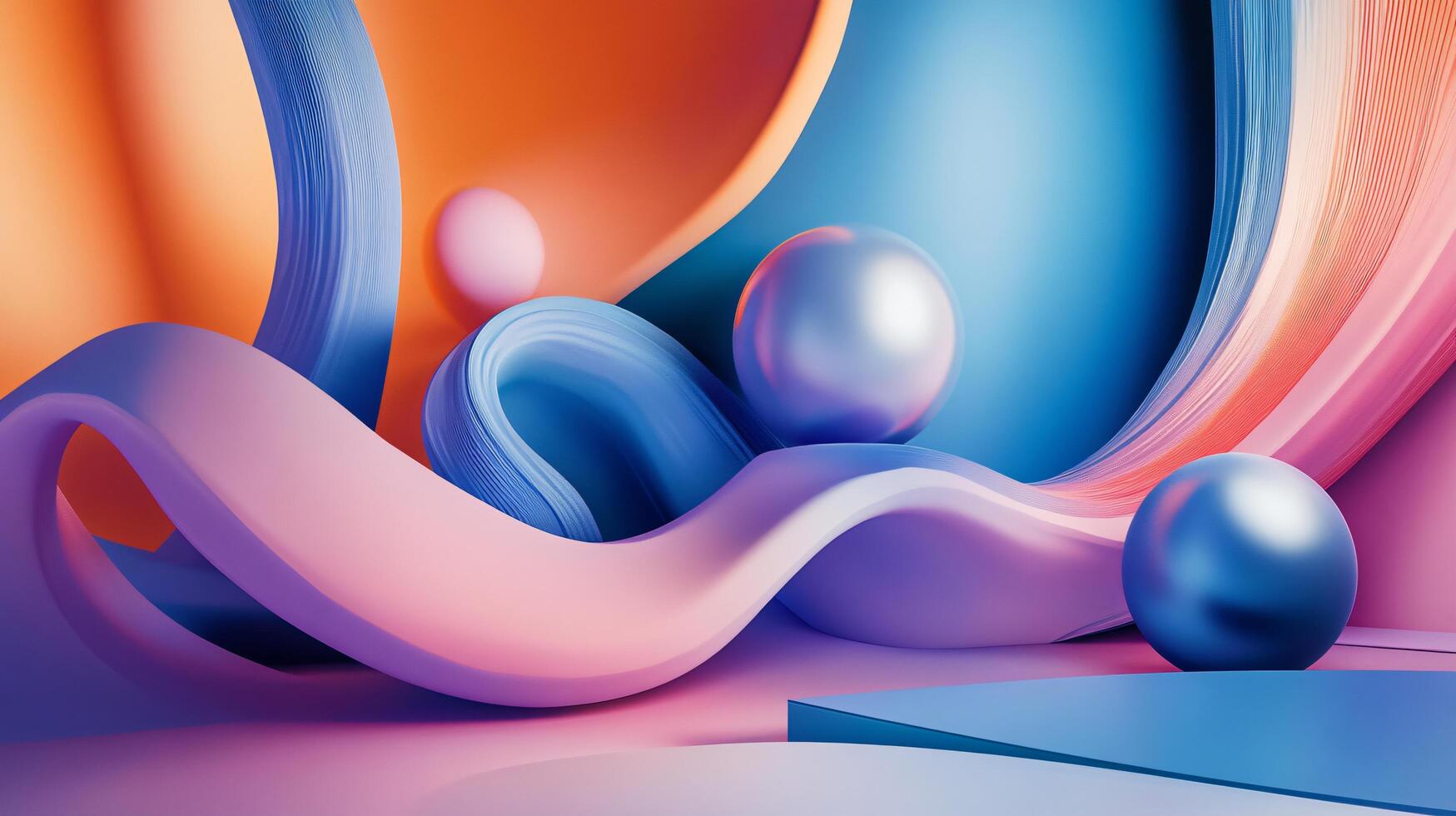 Colorful abstract painting with a blue and pink swirl and three silver spheres. The spheres are placed in different positions, with one in the middle of the painting. The painting has a dreamy photo