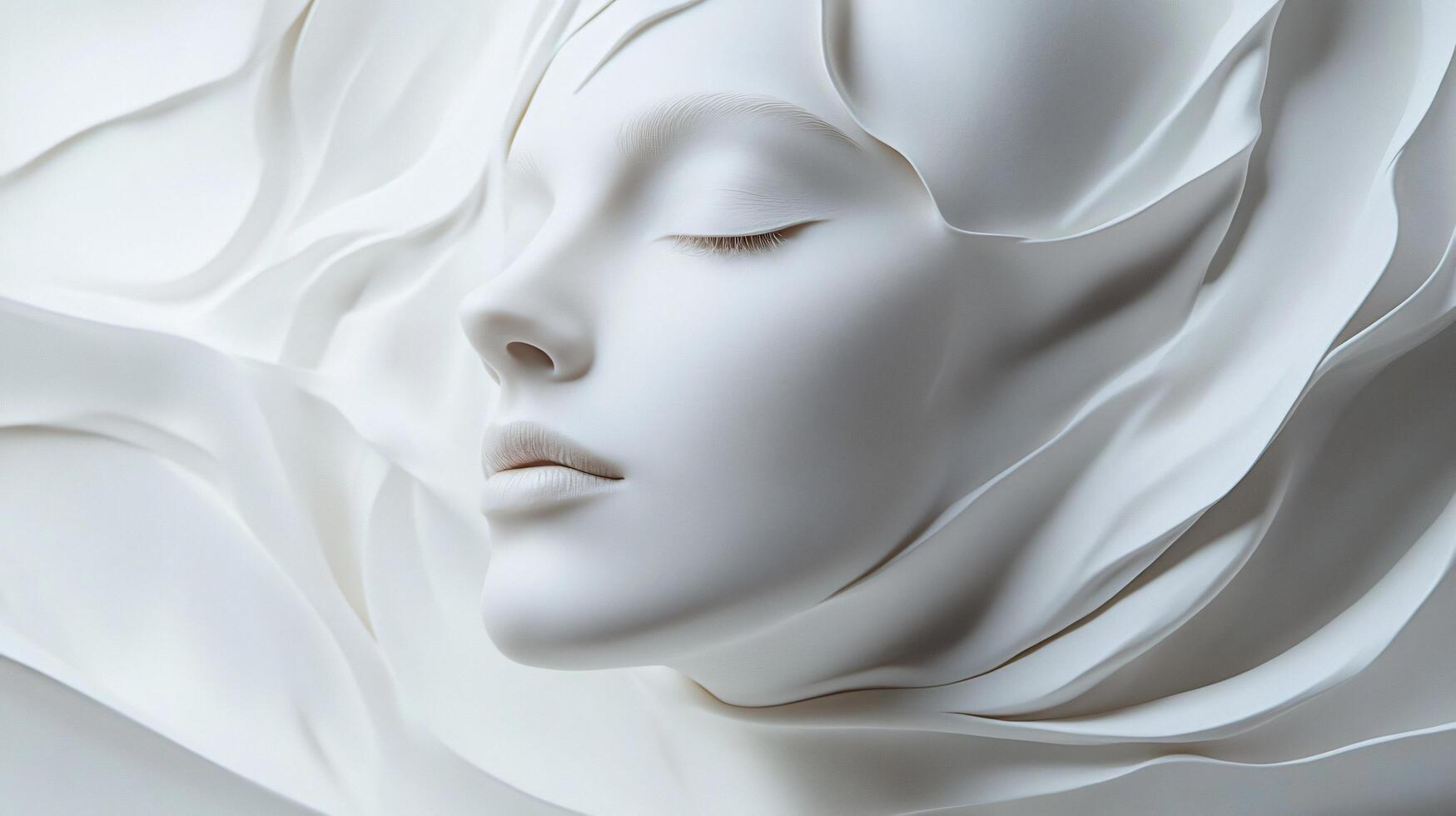 Woman's face is shown in a white background with a white scarf draped over her head. Concept of elegance and sophistication, as the woman's face is the focal point of the composition photo