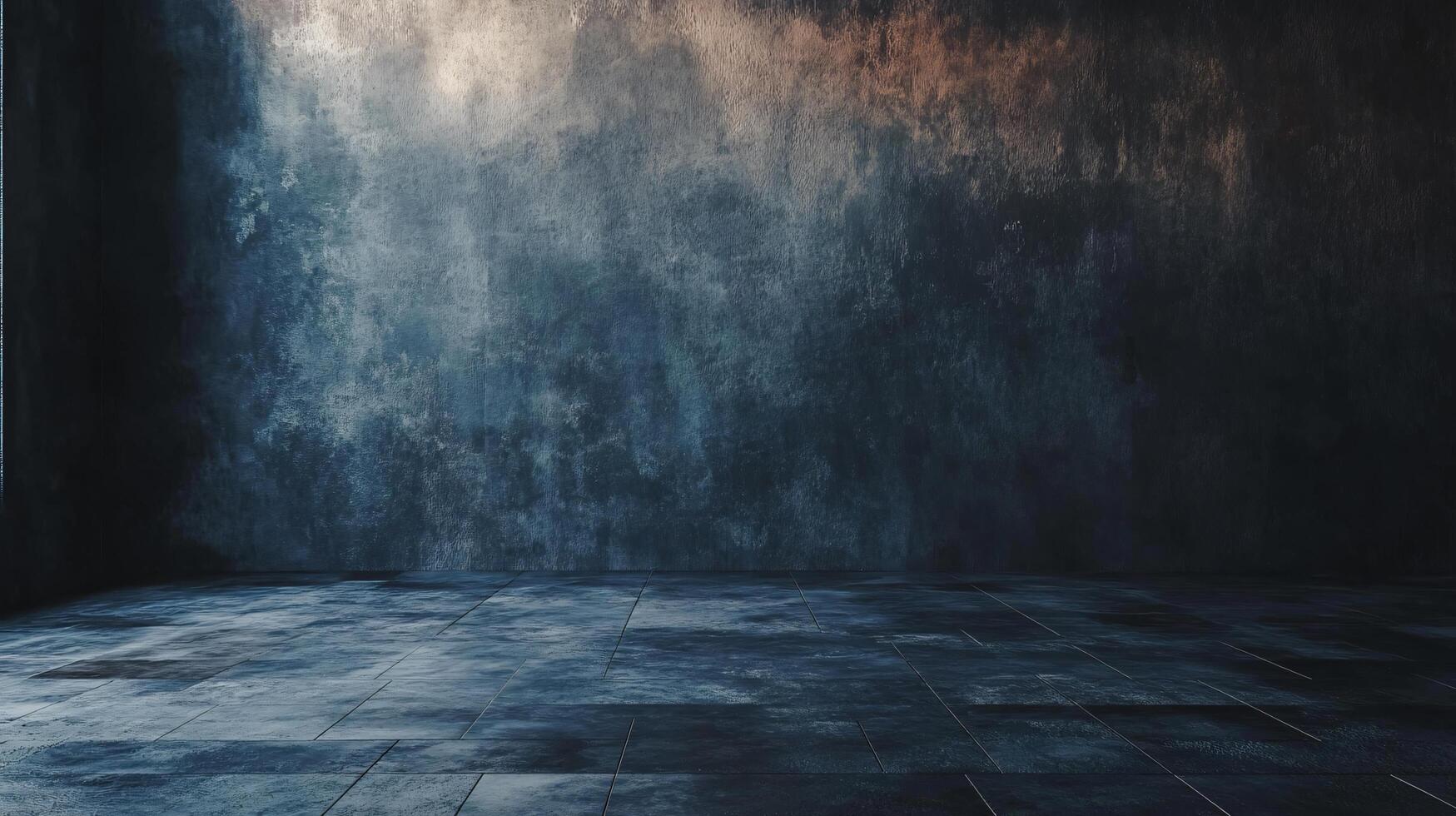 Large, empty room with a blue wall and a window. The room is bare and empty, with no furniture or decorations. The blue wall and the window create a sense of calm and serenity photo