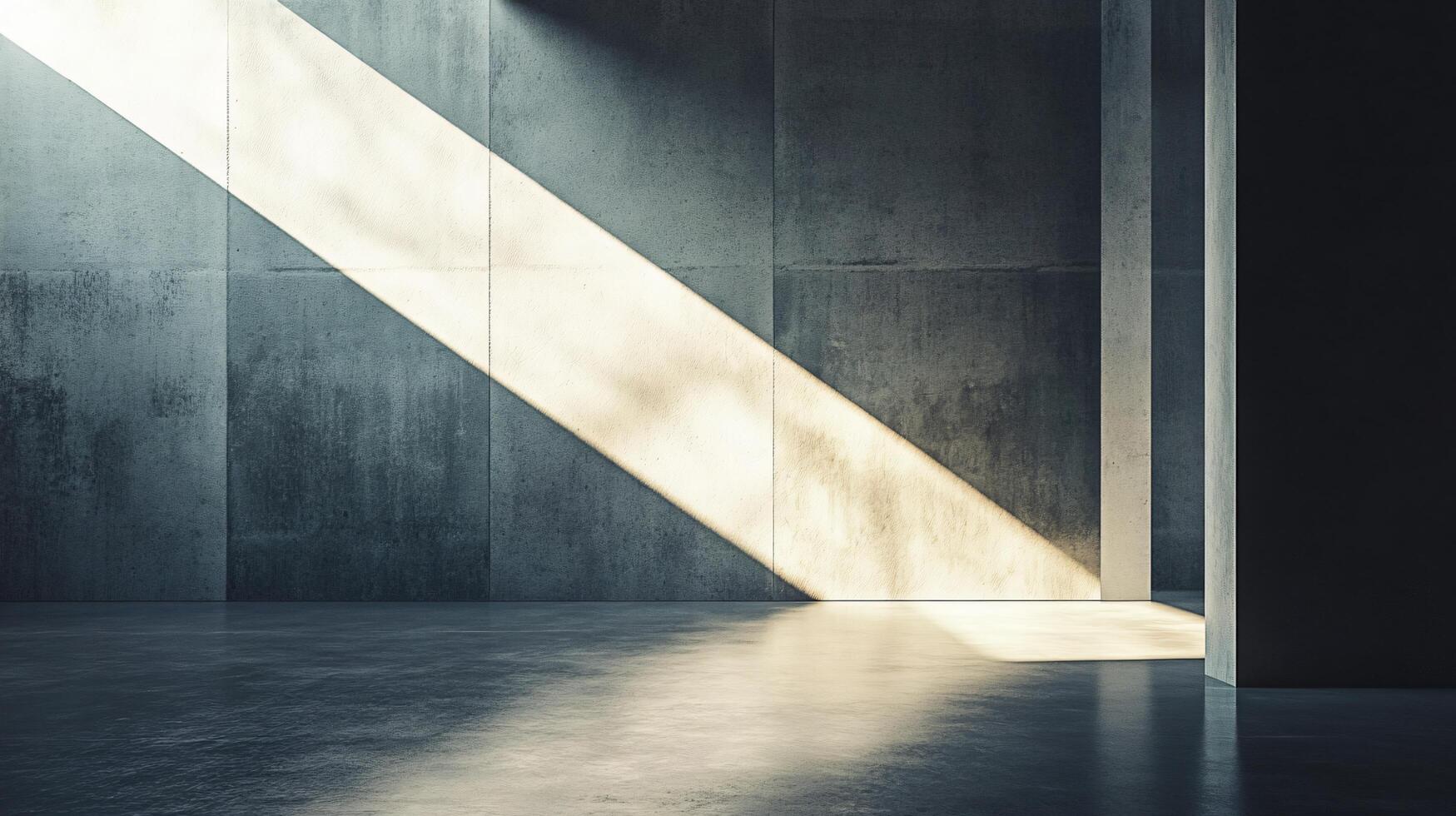 Large room with a wall that is covered in concrete. The wall is very dark and the room is very empty. There is a large window that is letting in a lot of light photo