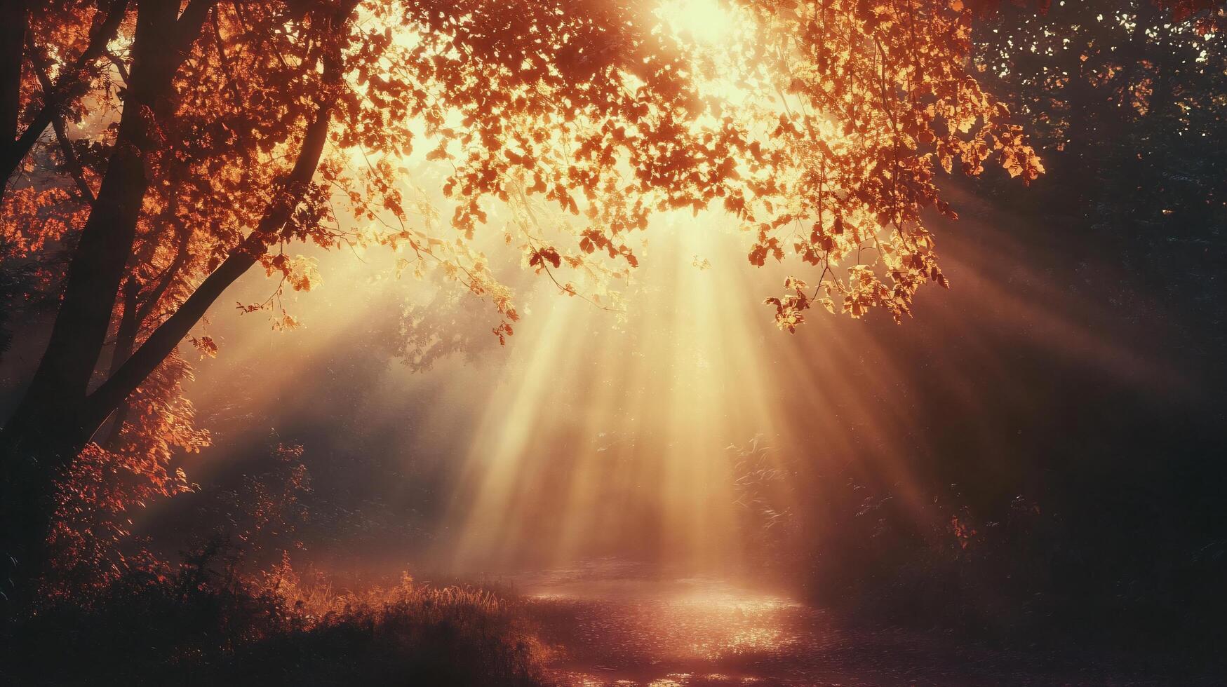 Tree with leaves that are orange and yellow. The sun is shining on the tree and the leaves photo