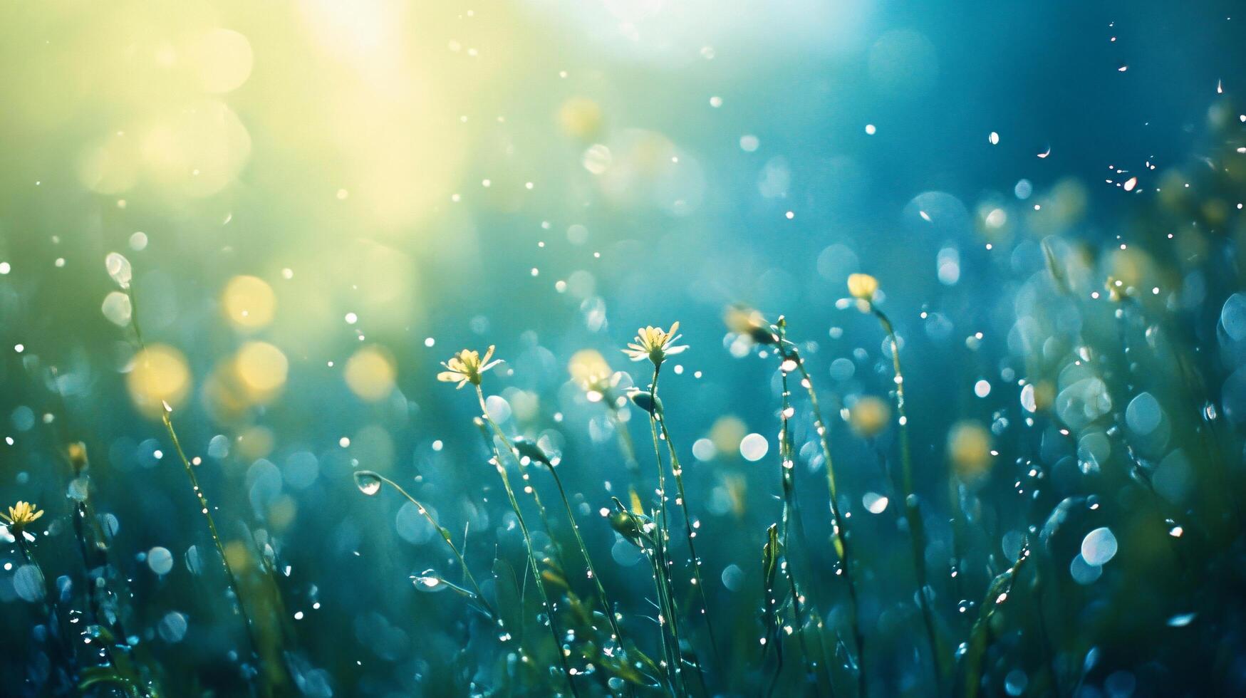 Field of flowers with a bright blue sky in the background. The flowers are scattered throughout the field, with some closer to the foreground and others further back. The scene is peaceful photo